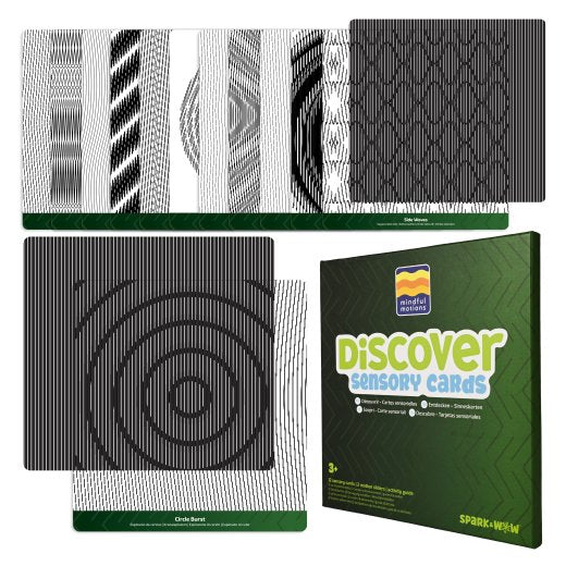 Set of sensory cards with a green packaging box labeled 'Discover Sensory Cards' on a white background.