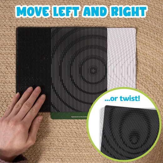 Black and white textured mat with spiral pattern, hand interacting with it on a beige carpet.