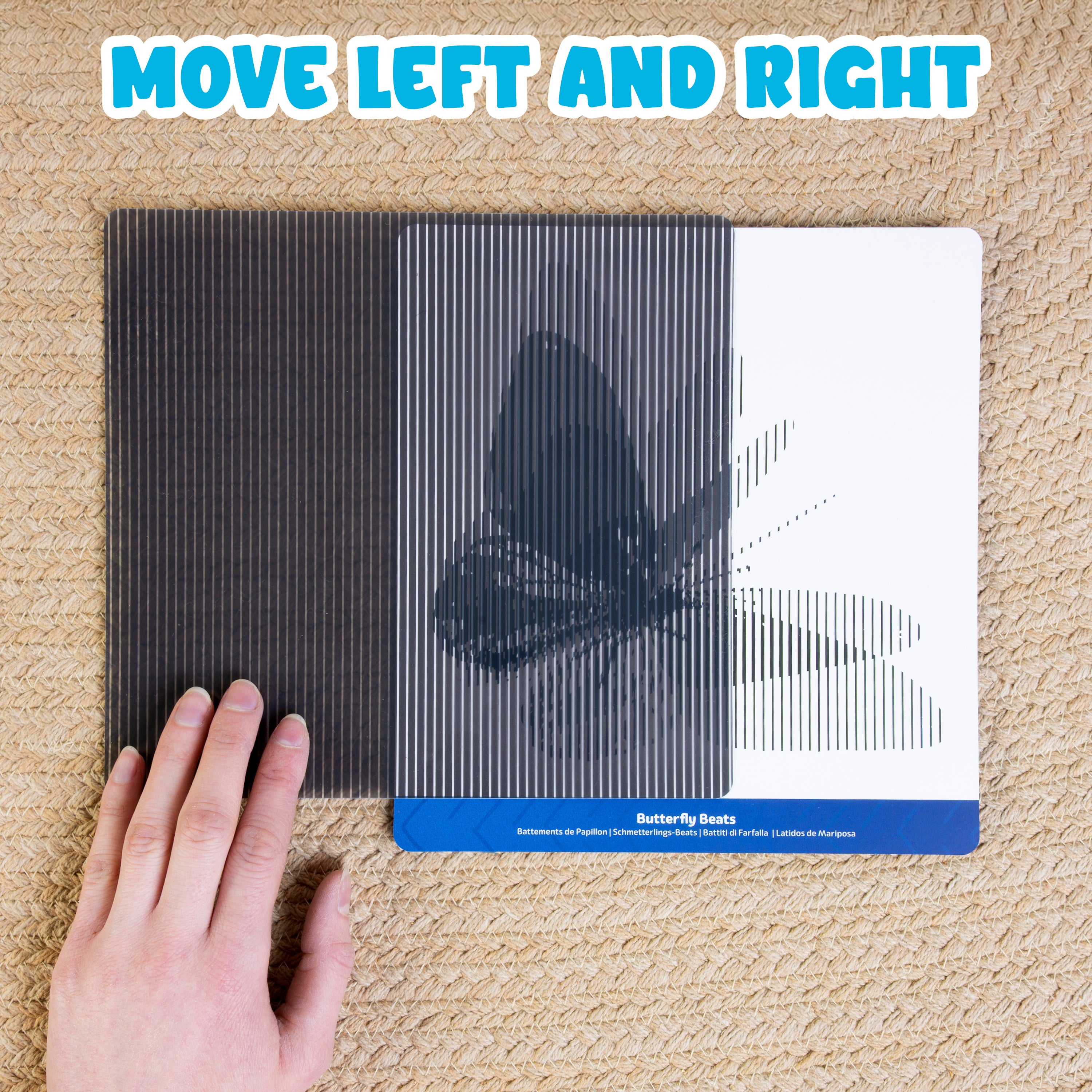 Butterfly motion card on a beige rug with movement instructions