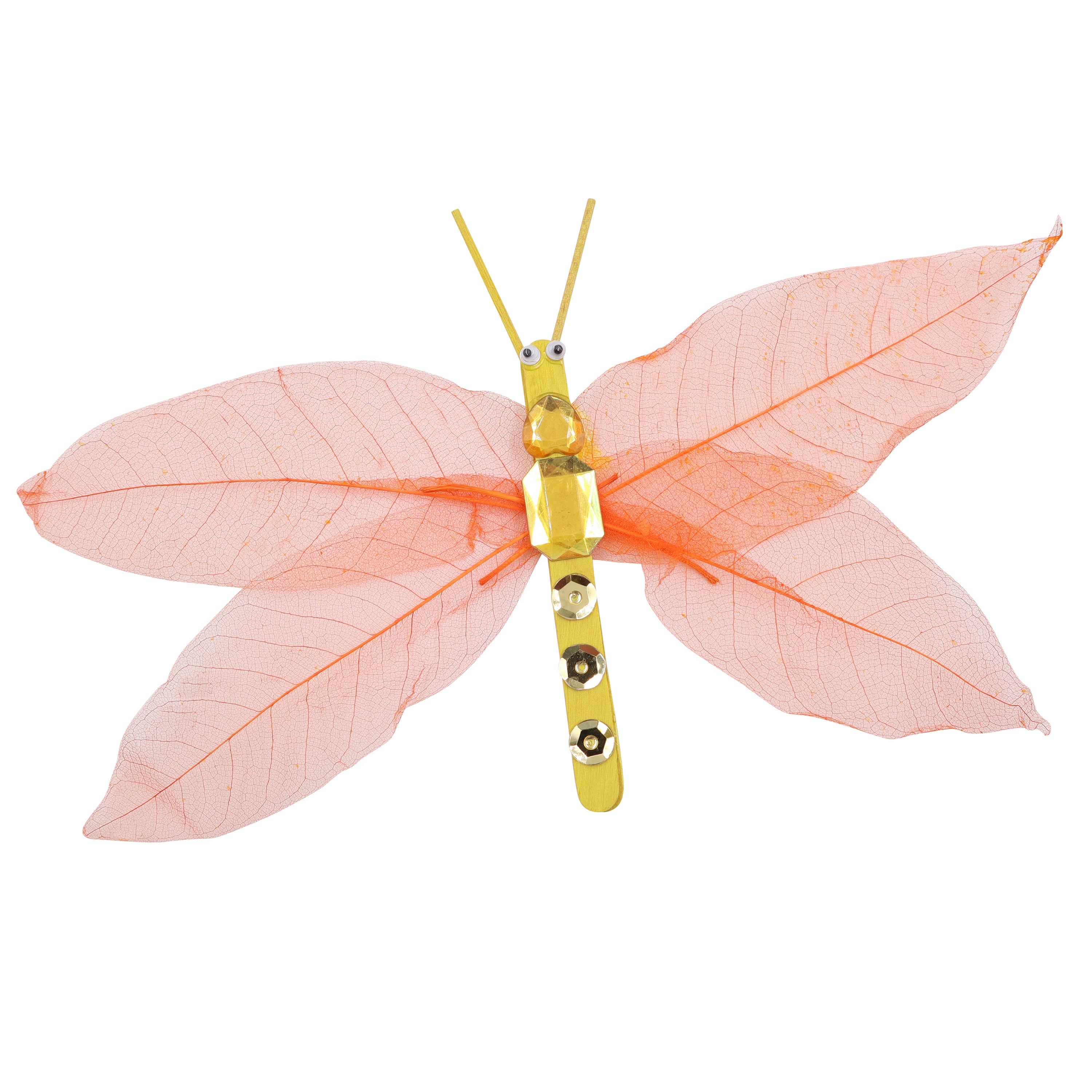 Butterfly craft project with leaves as wings on a white background