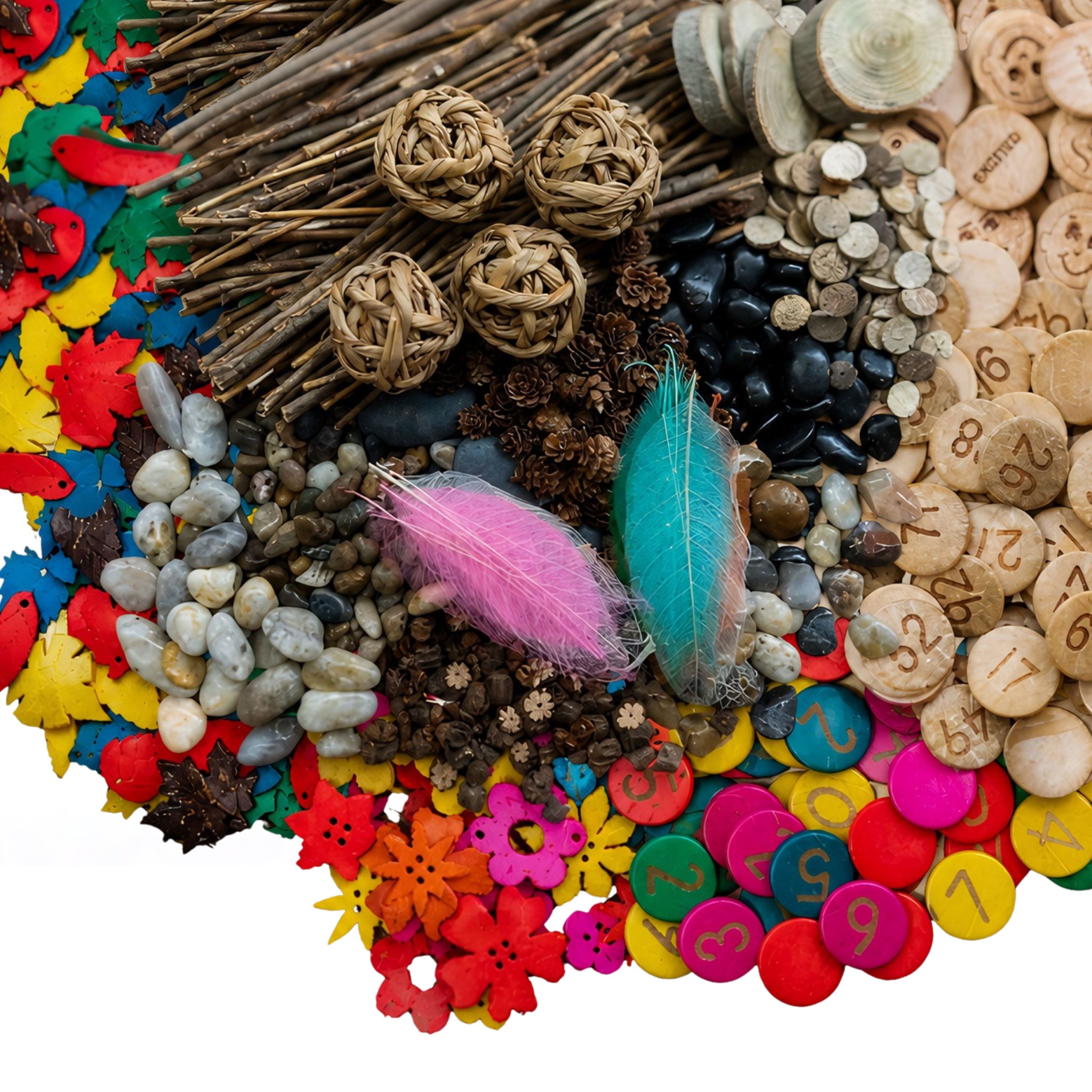 Assorted decorative items including buttons, feathers, and stones on a white background