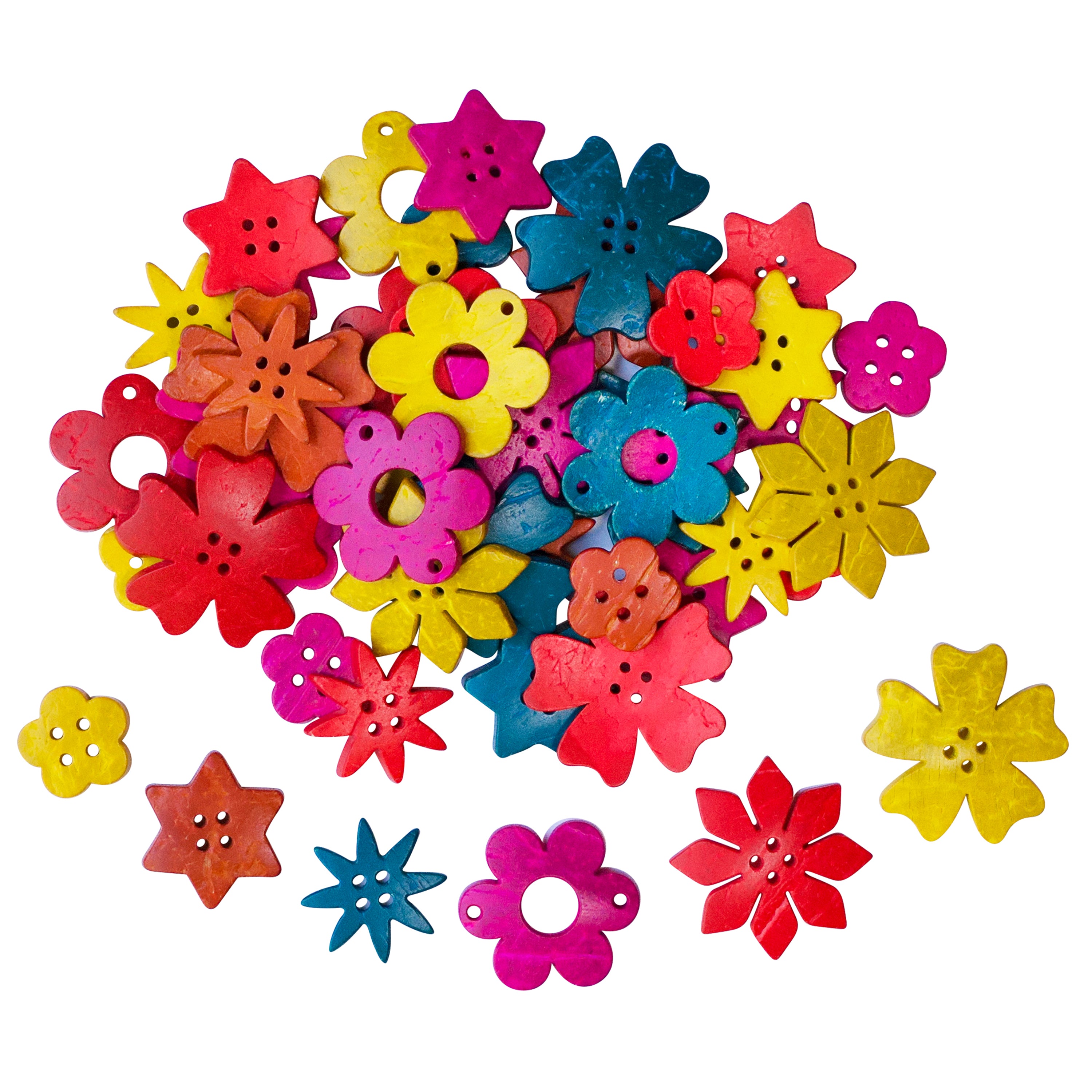 Collection of colorful flower shaped buttons on a white background