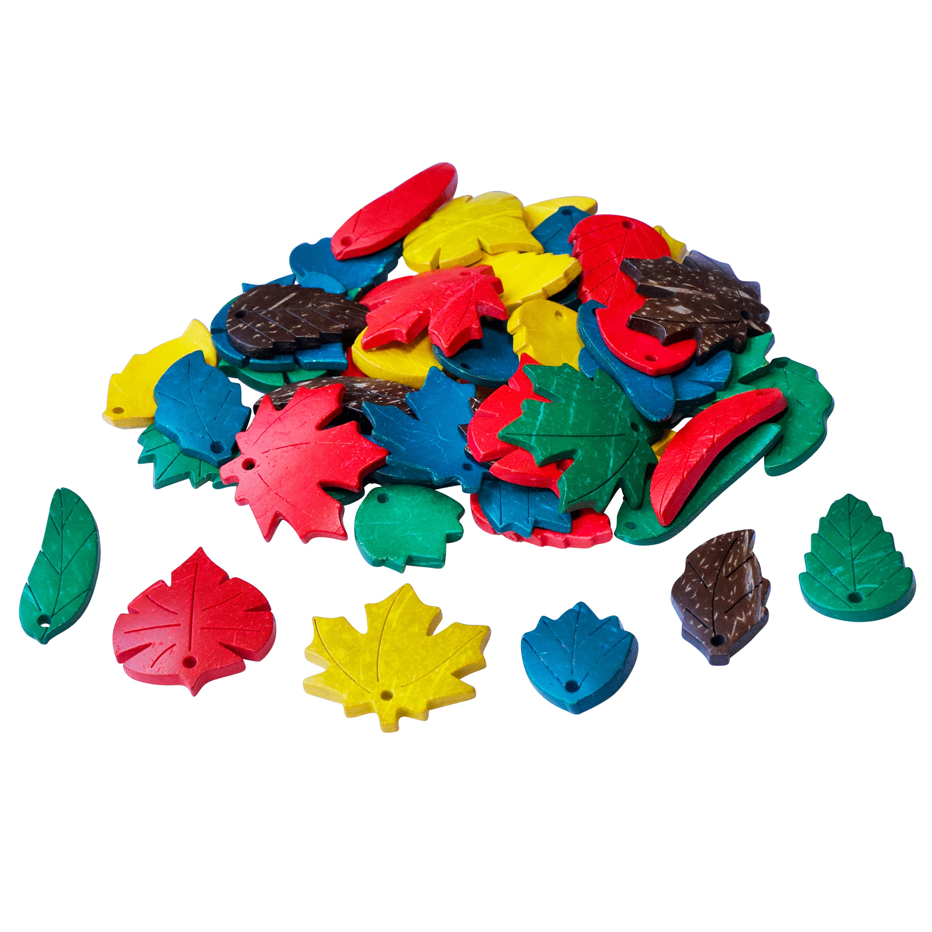 Colorful leaf shaped wooden counters on a white background