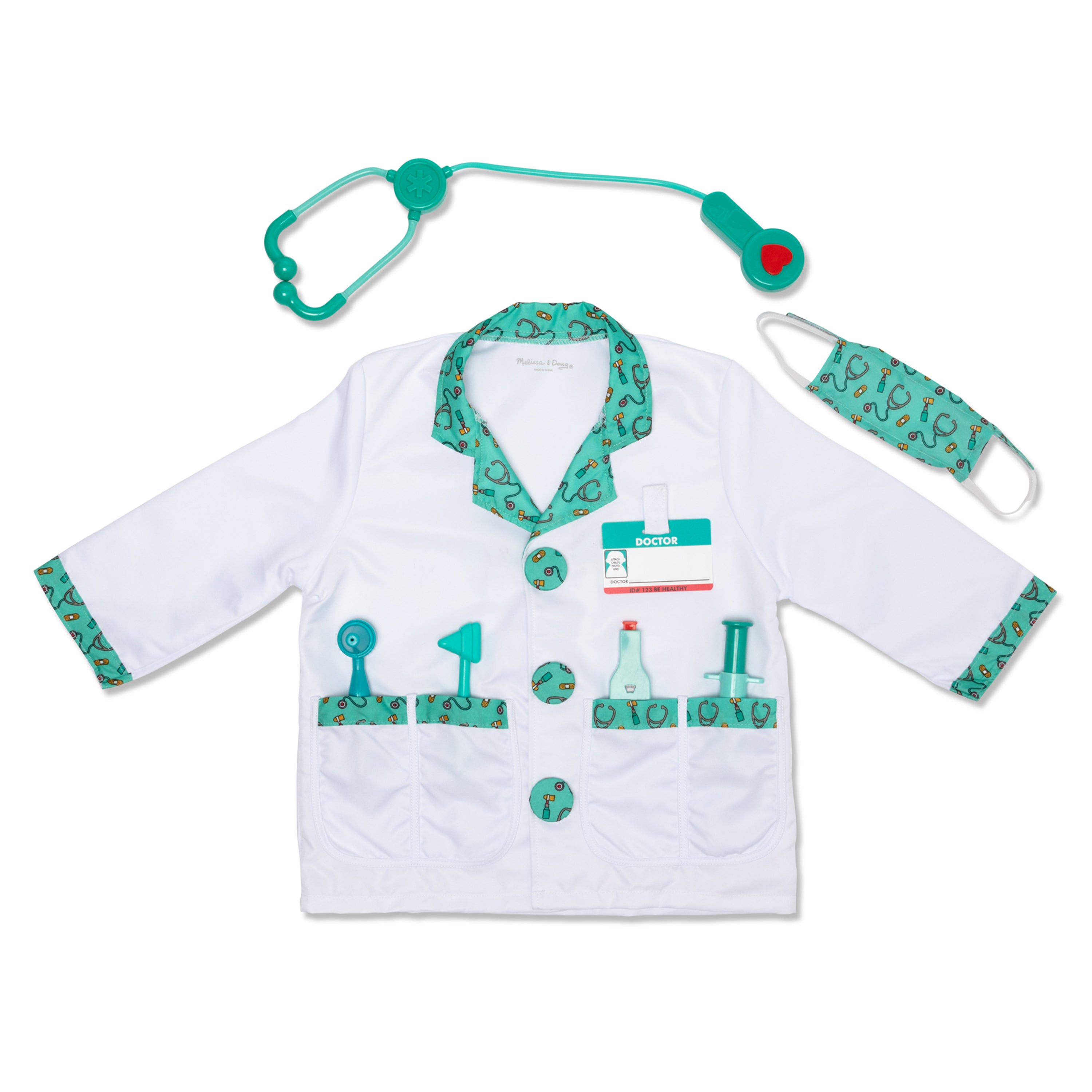 Children's doctor's coat with stethoscope and name tag on a white background