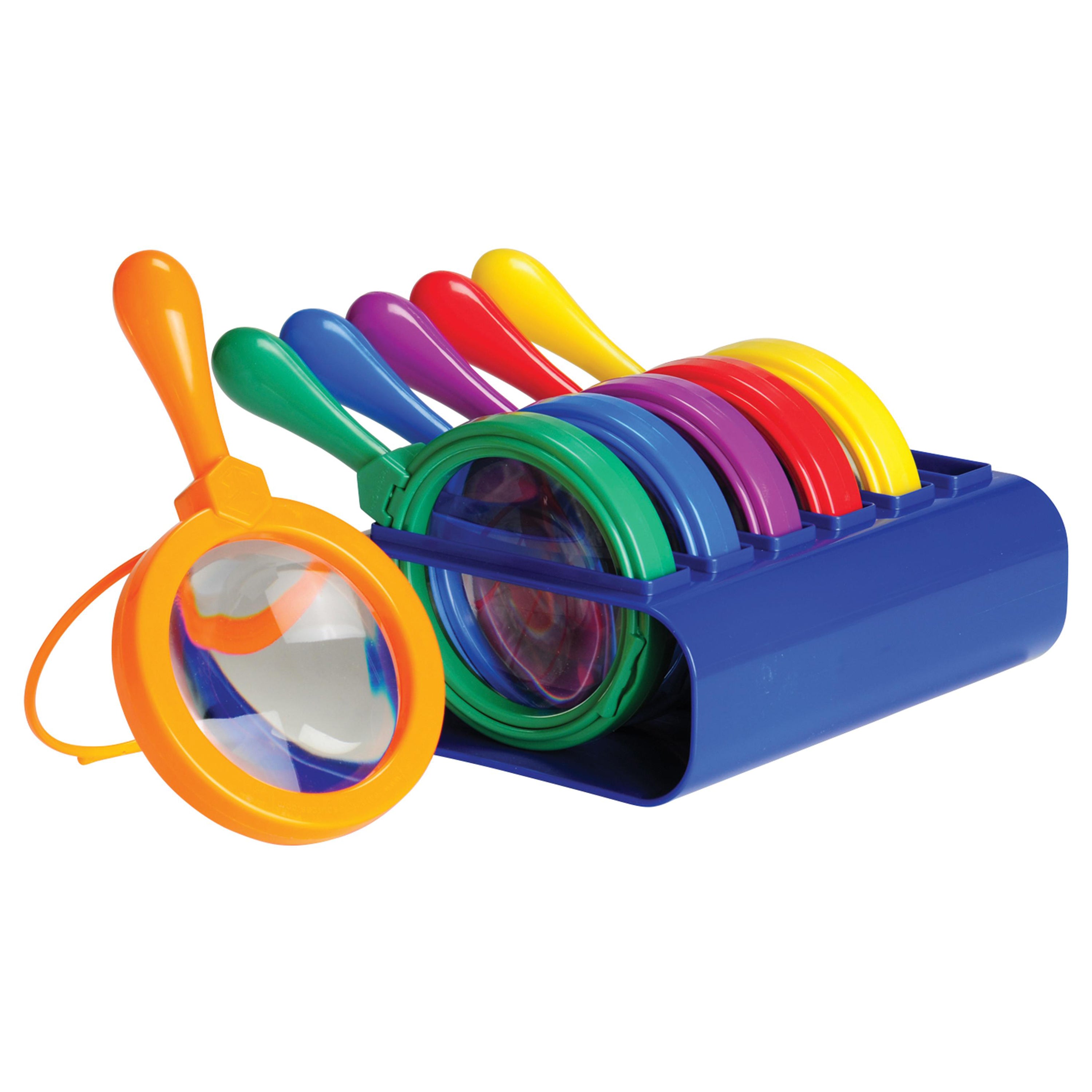 E-Z View Magnifiers with Stand – Set of 6 Rainbow Handheld or Hands-Free Magnifying Glasses, 4.5x Magnification, Special Needs & STEM Learning