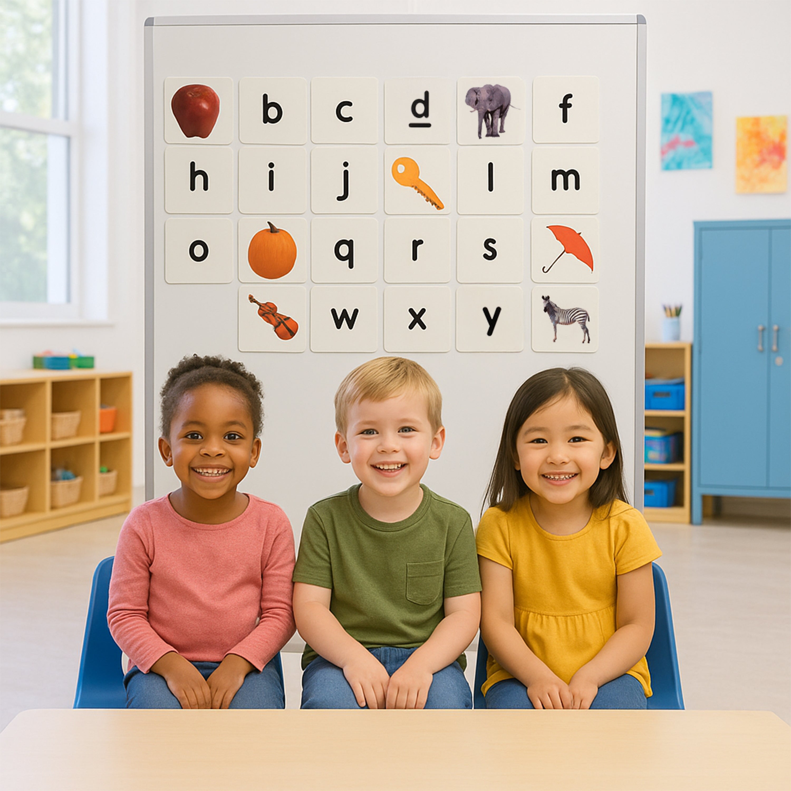 Three children sitting in front of an alphabet chart in a classroom setting.