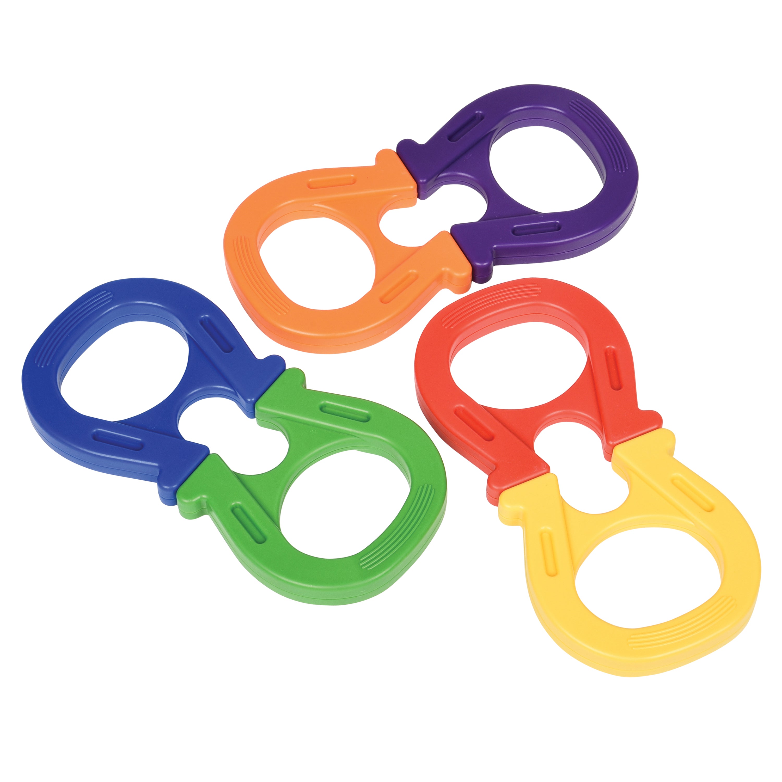 Five colorful plastic horseshoes on a white background