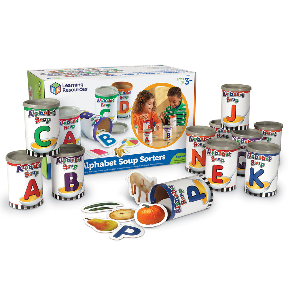 Alphabet Soup Sorters | 26 Color-Coded Cans with Letters & Photo Cards