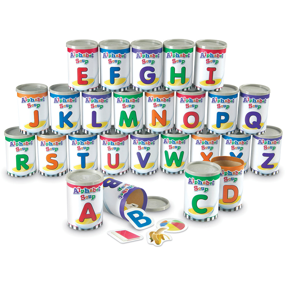 Alphabet Soup Sorters | 26 Color-Coded Cans with Letters & Photo Cards