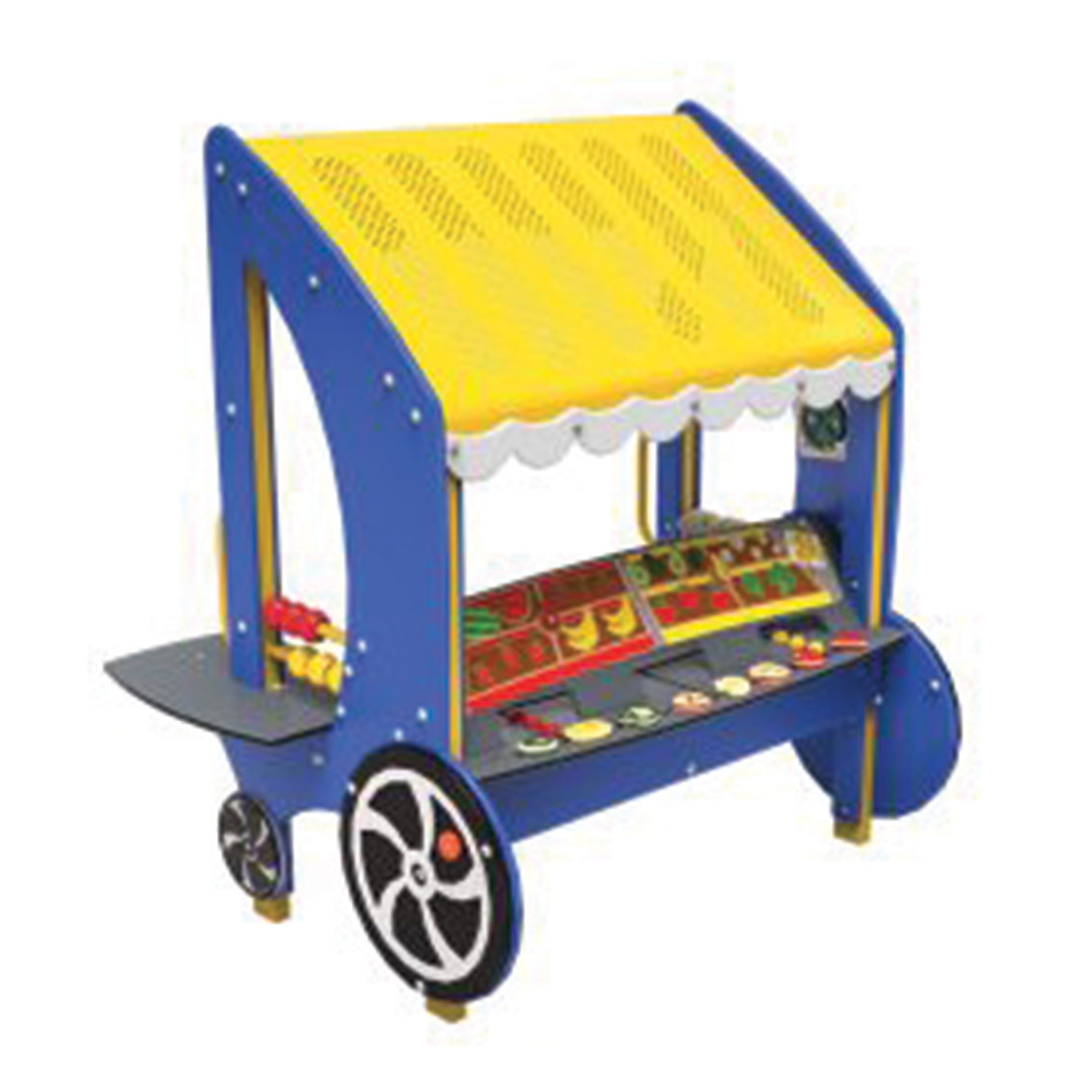 Colorful toy cart with a yellow canopy on a white background