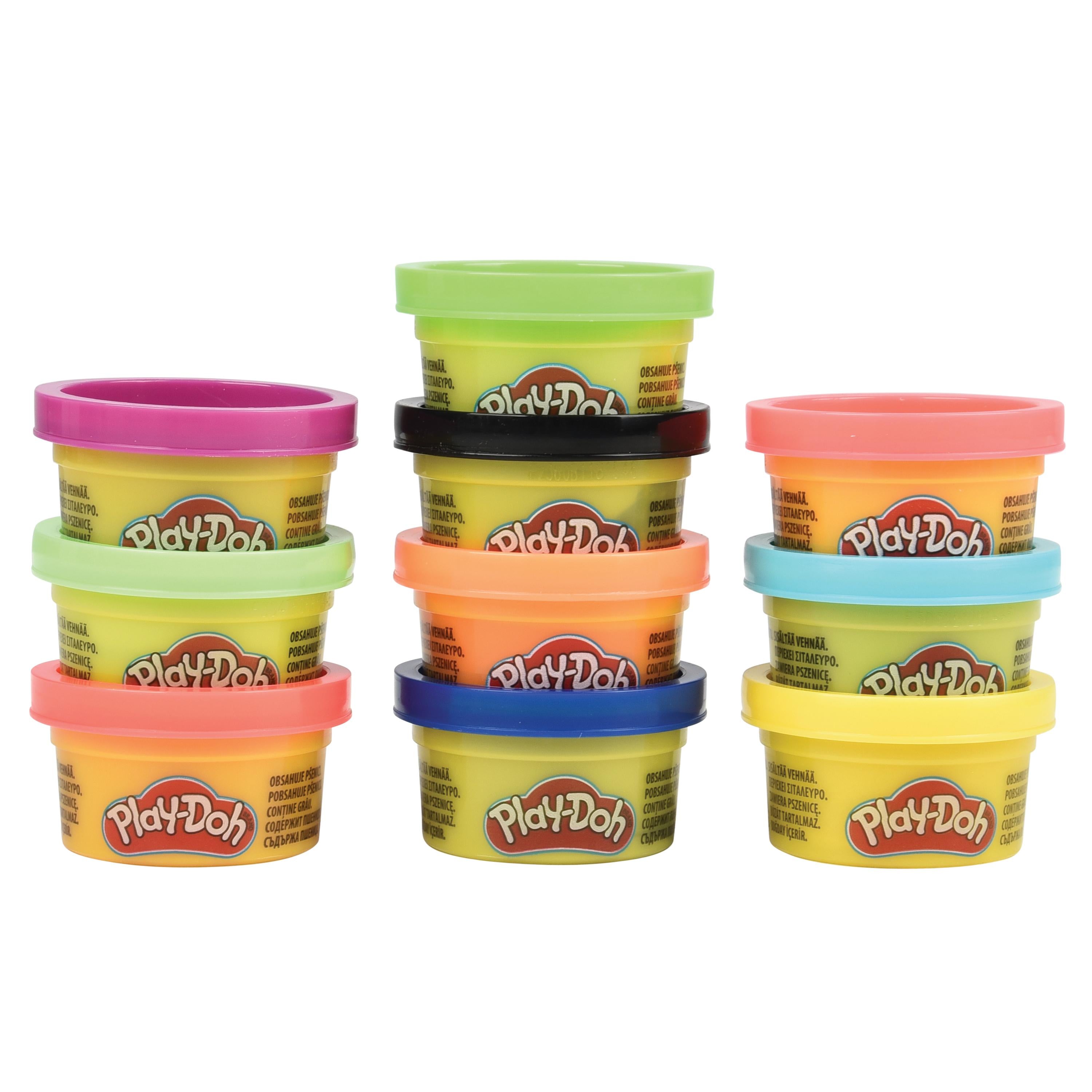 Set of Play-Doh containers in various colors on a white background