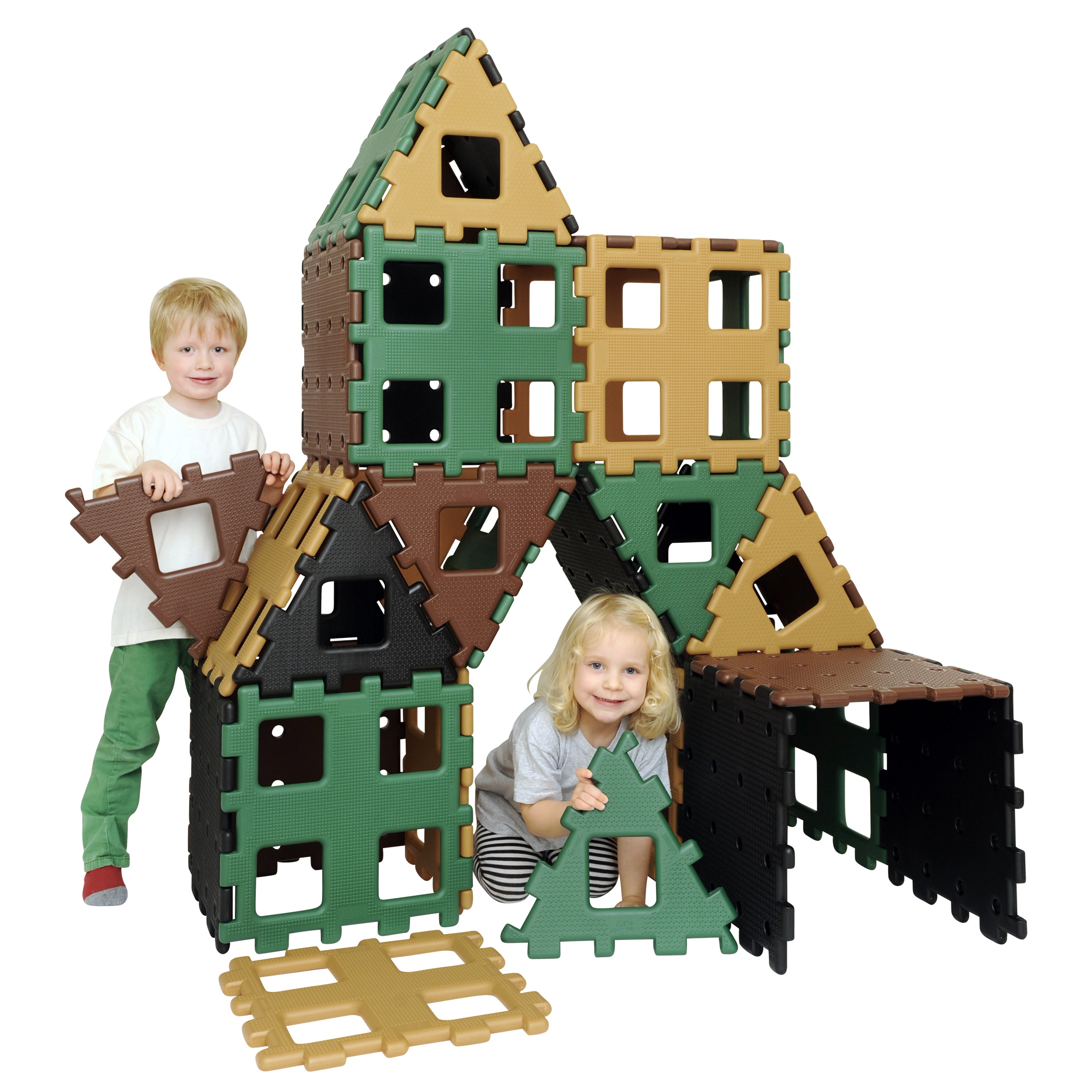 Children playing with a set of interlocking plastic building blocks on a white background