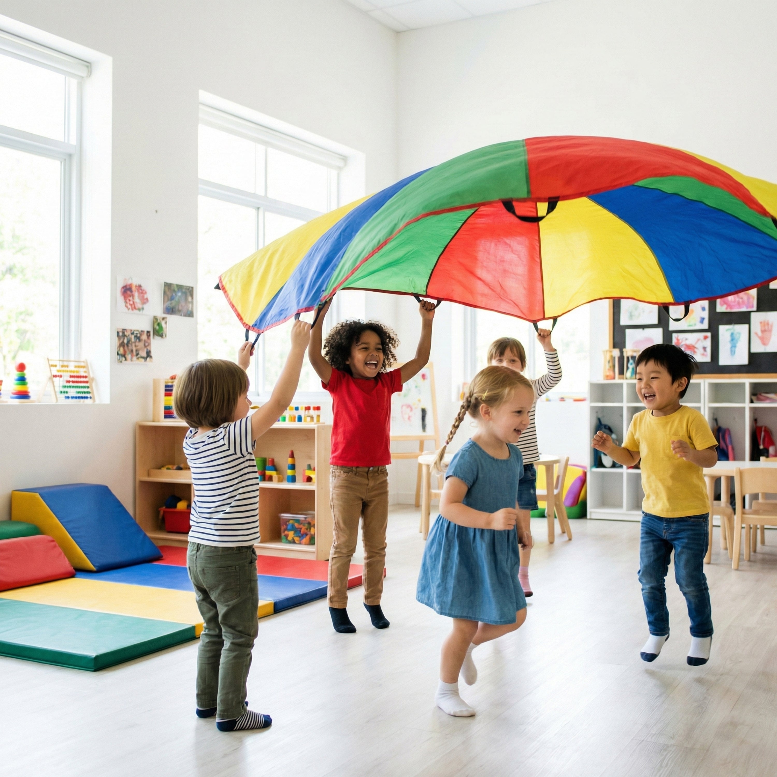 12 Ft "No Rip" Kids Parachute | Multicolor Durable Nylon with Handles & Storage Bag