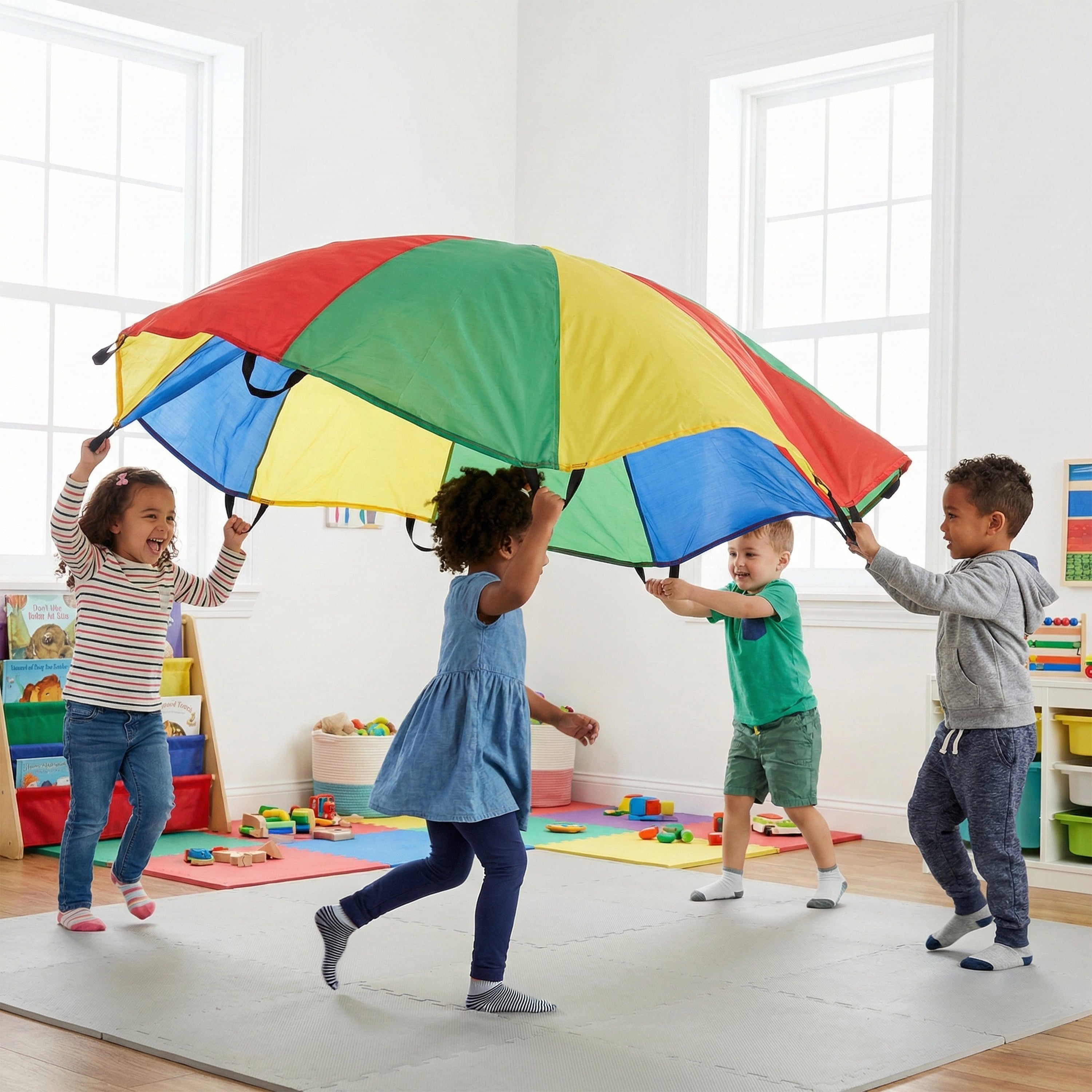 6 Ft "No Rip" Kids Parachute | Multicolor Durable Nylon with Handles & Storage Bag