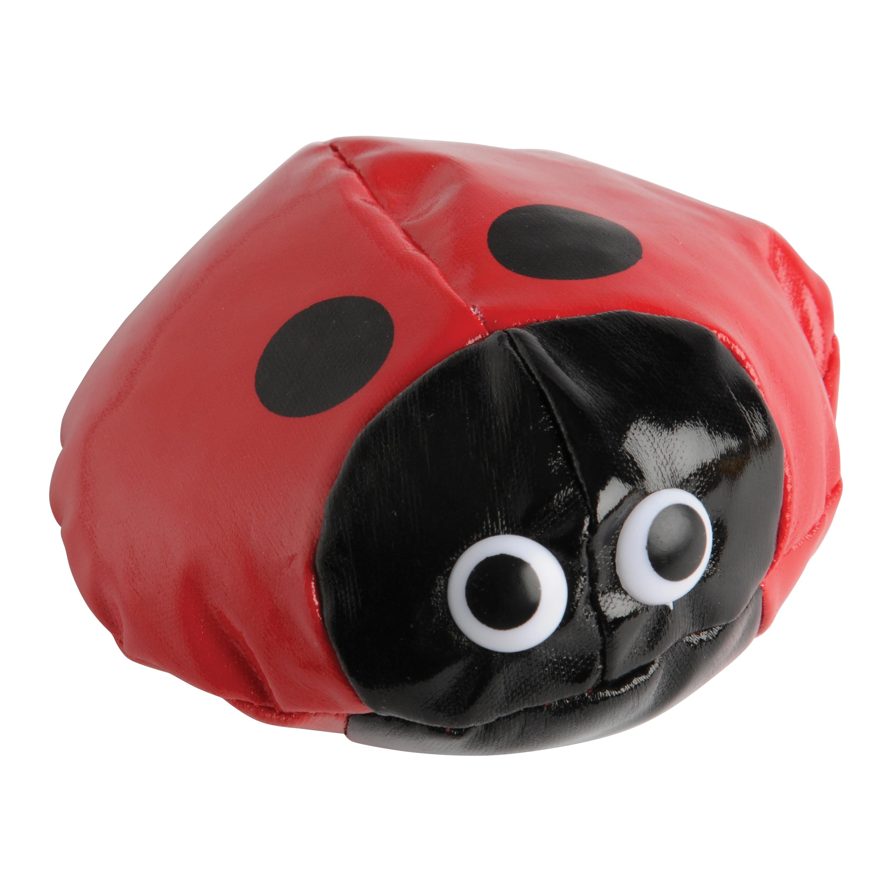 Red and black ladybug-shaped object with googly eyes on a white background