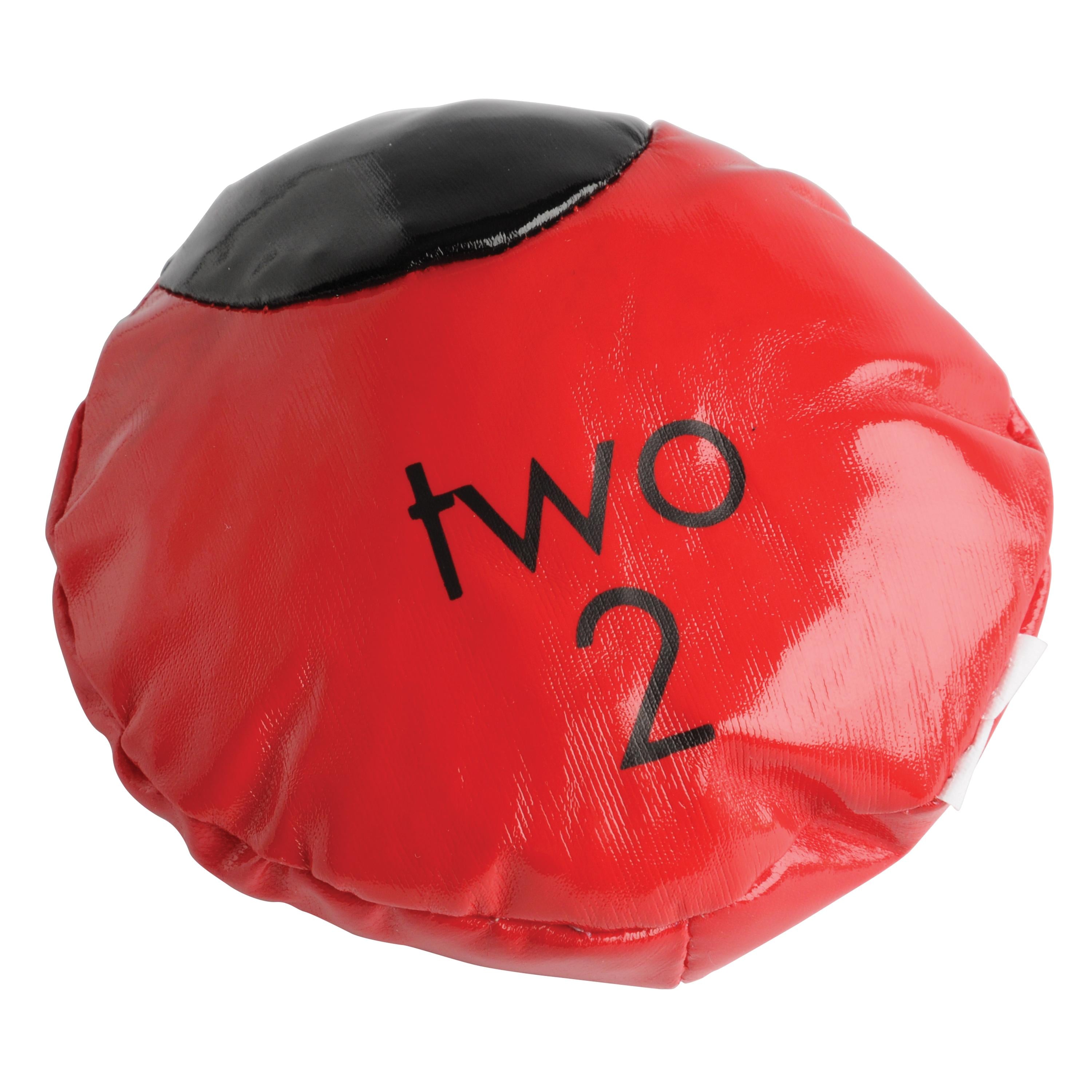 Red and black beanbag with 'TWO 2' printed on a white background