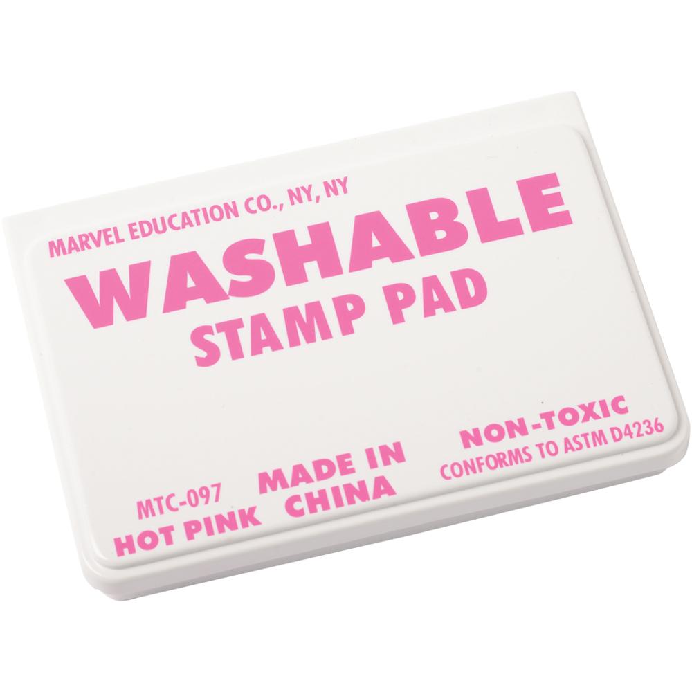 A rectangular white washable stamp pad with bold pink text reading 'WASHABLE STAMP PAD' and smaller pink text including 'MARVEL EDUCATION CO., NY, NY' and 'HOT PINK'.