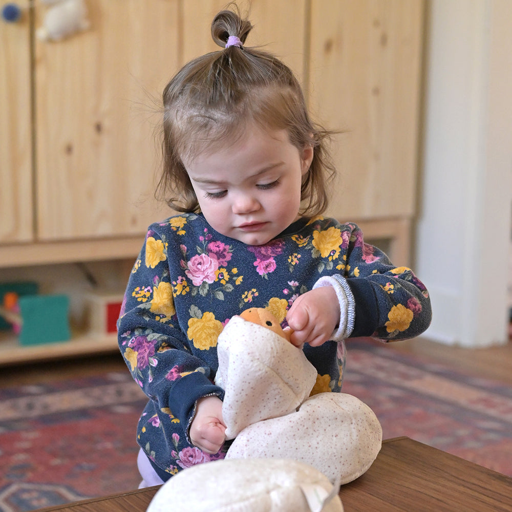 Toddler Playing With Plush T-Rex