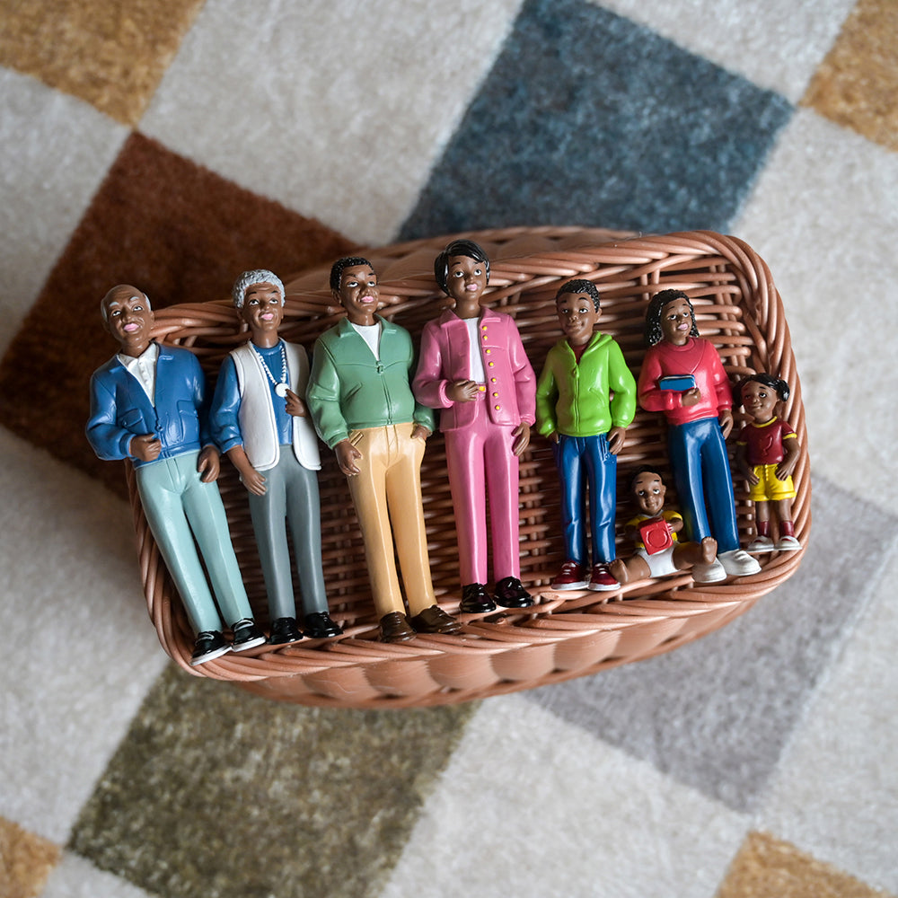 African American Pretend Play Vinyl Family Figurines | 8 Piece Set on a Basket