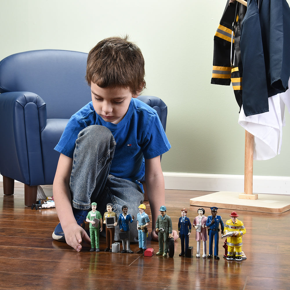 Kid Playing with Pretend Professionals Career Figurine Set