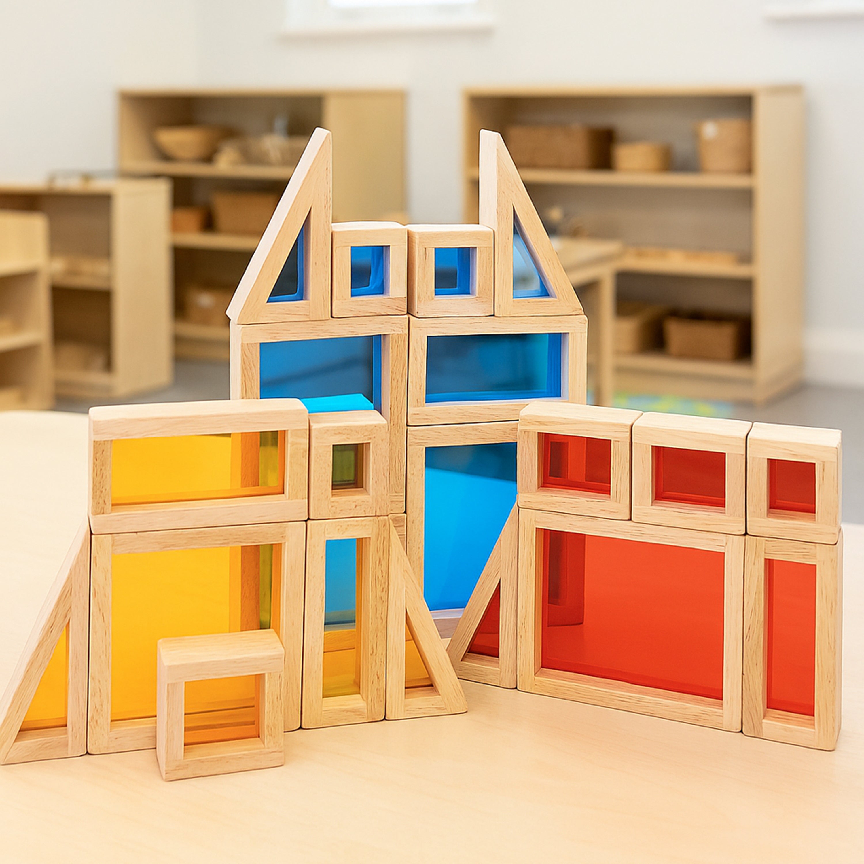 Colorful wooden building blocks on a table with shelves in the background