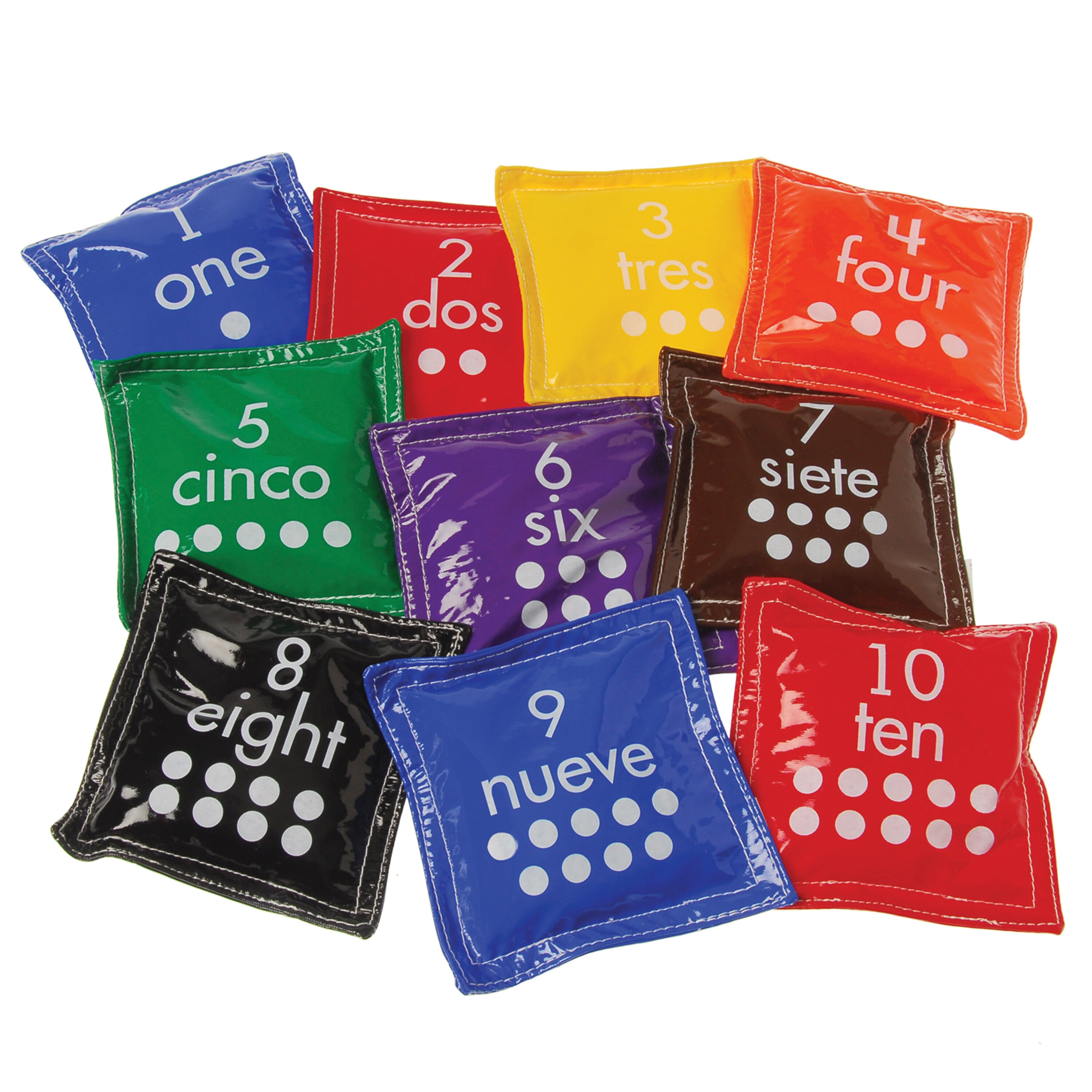 A set of 10 colorful bean bags, each labeled with numbers 1 through 10 in both English and Spanish, arranged on a white background.