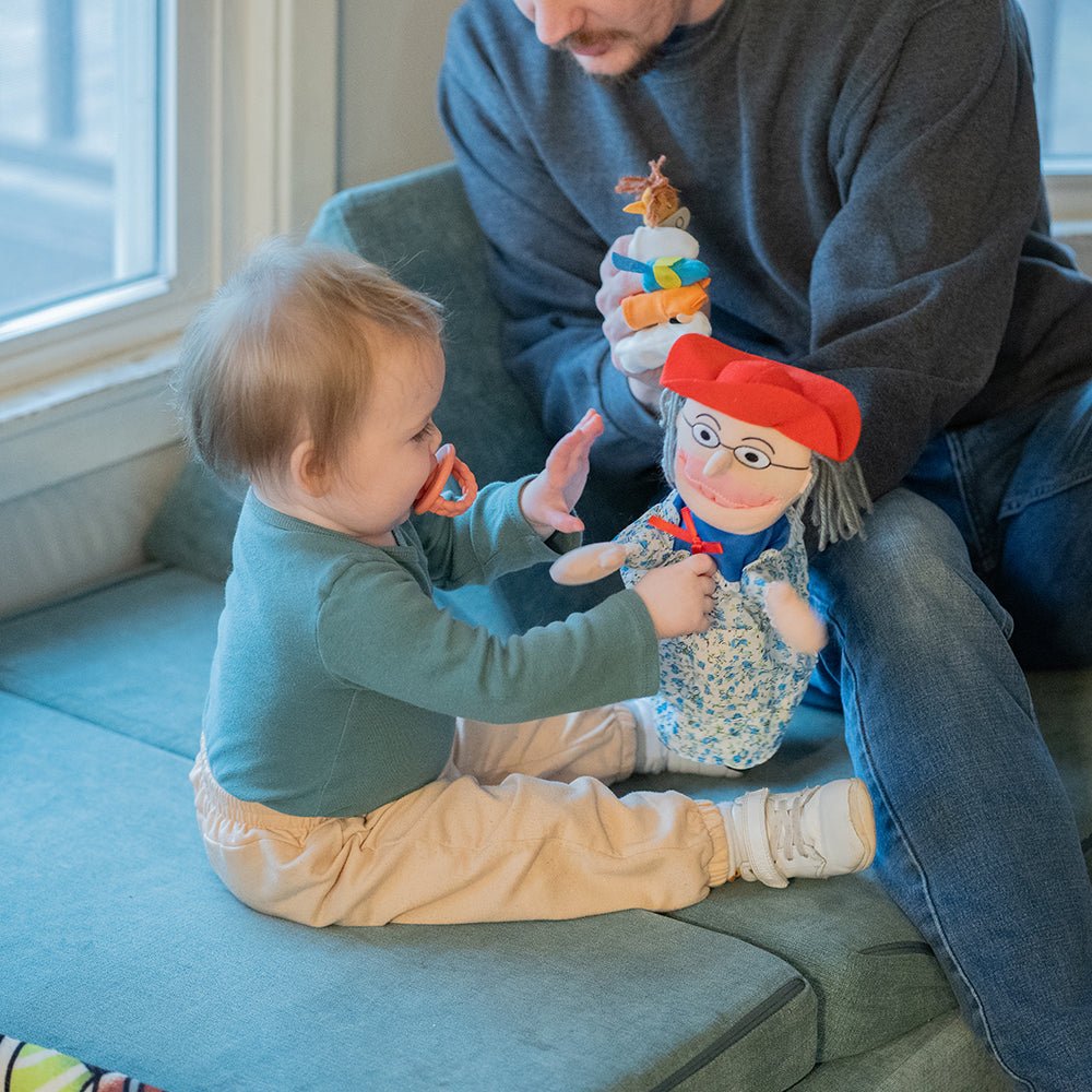 Adult & Baby Interacting with "Old Lady Who Swallowed a Fly" Storytelling Doll & Animal Finger Puppet Set