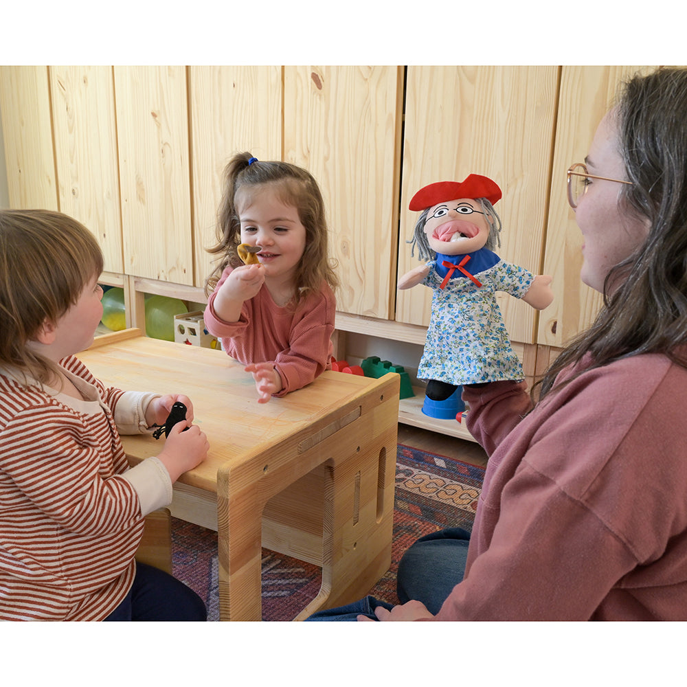 Adult & Two Toddlers Engaging with There Was an Old Lady Storytelling Puppet & Props Set