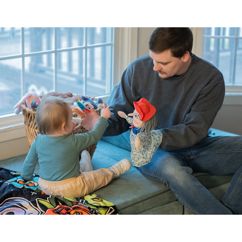 Adult & Baby Interacting with "Old Lady Who Swallowed a Fly" Storytelling Doll & Animal Finger Puppet Set
