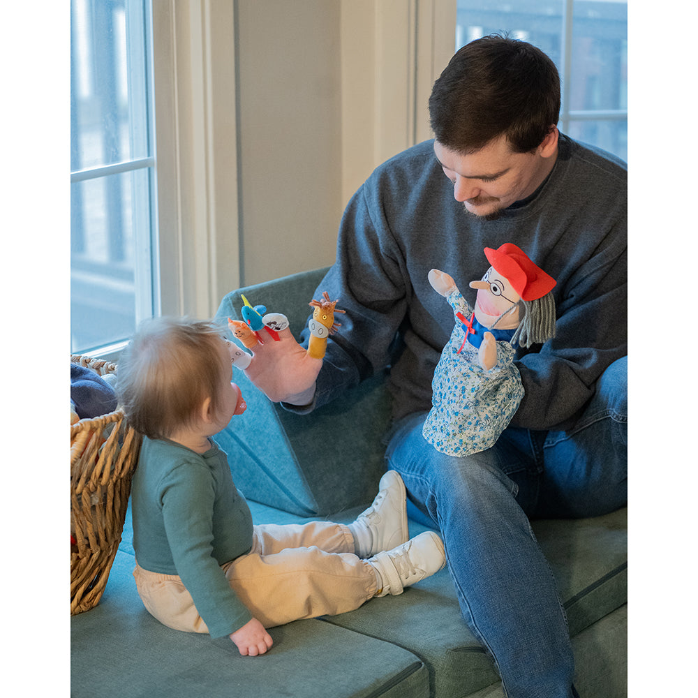 Adult & Baby Interacting with "Old Lady Who Swallowed a Fly" Storytelling Doll & Animal Finger Puppet Set