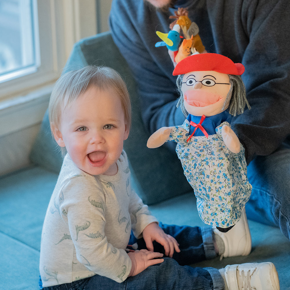 Adult & Baby Engaging with There Was an Old Lady Storytelling Puppet & Props Set