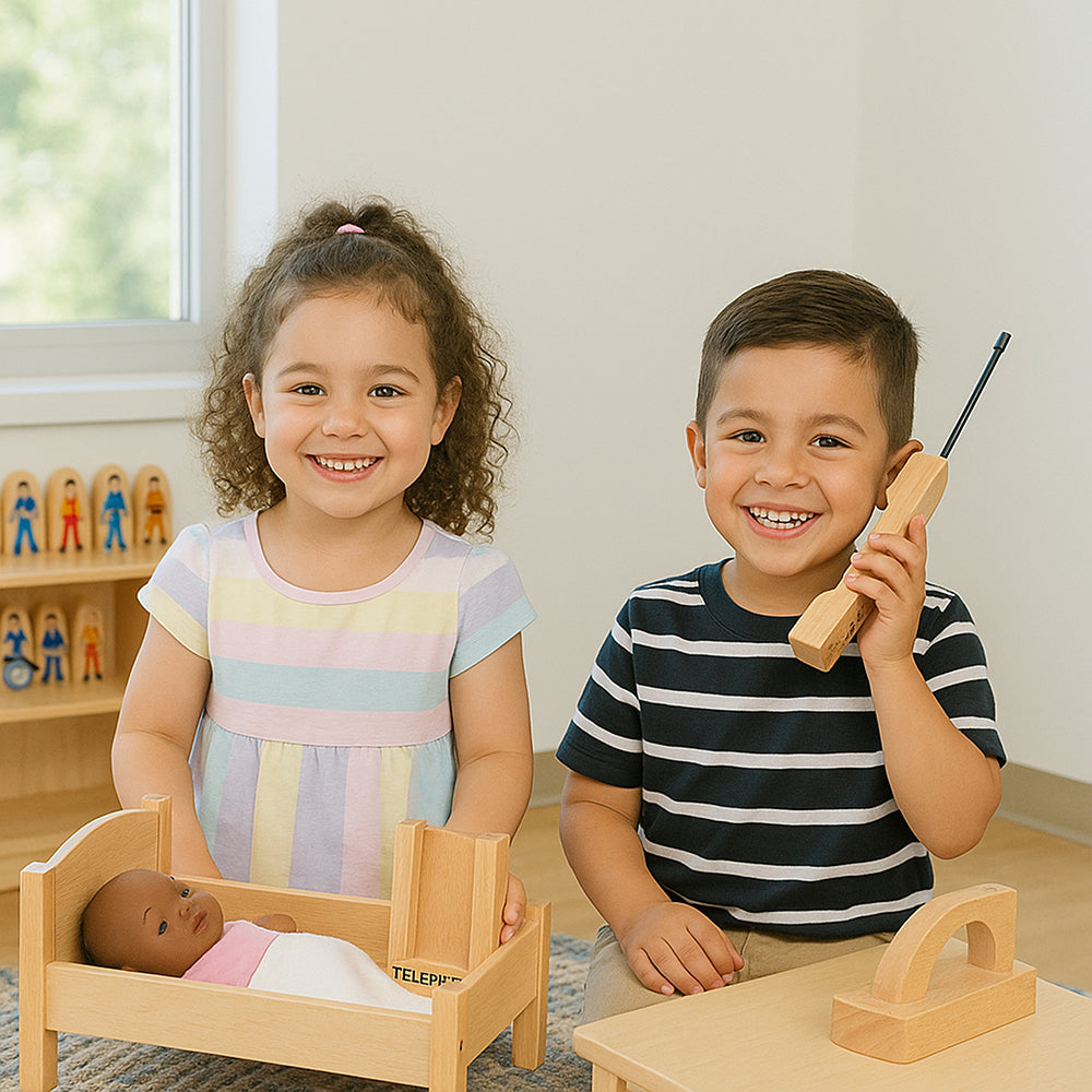 Montessori Dramatic Play Accessory Bundle | Pretend Play Hardwood Iron, Doll Bed & Vintage Phone