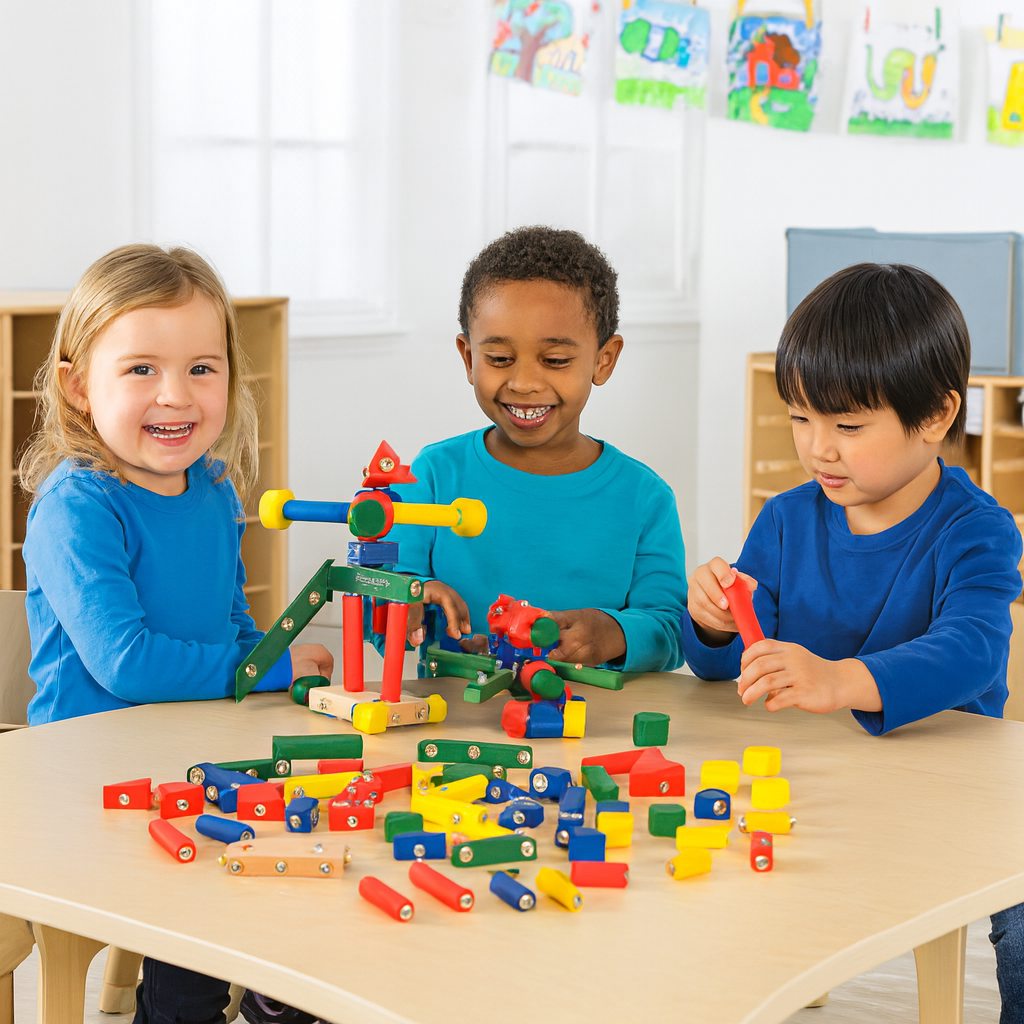 Three children playing with colorful building blocks at a table in a classroom setting.