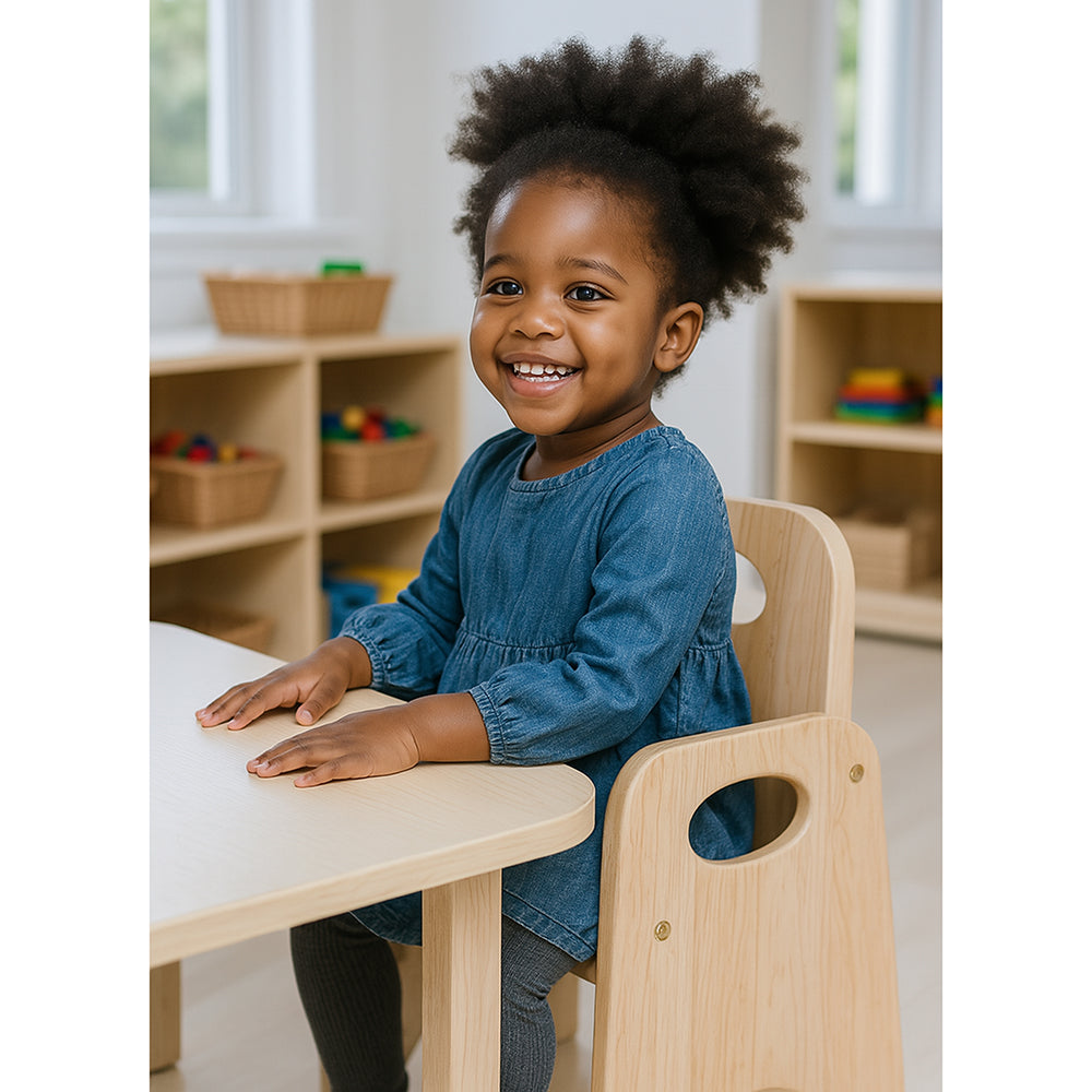 Child sitting at a table in a classroom setting with wooden furniture and colorful toys.