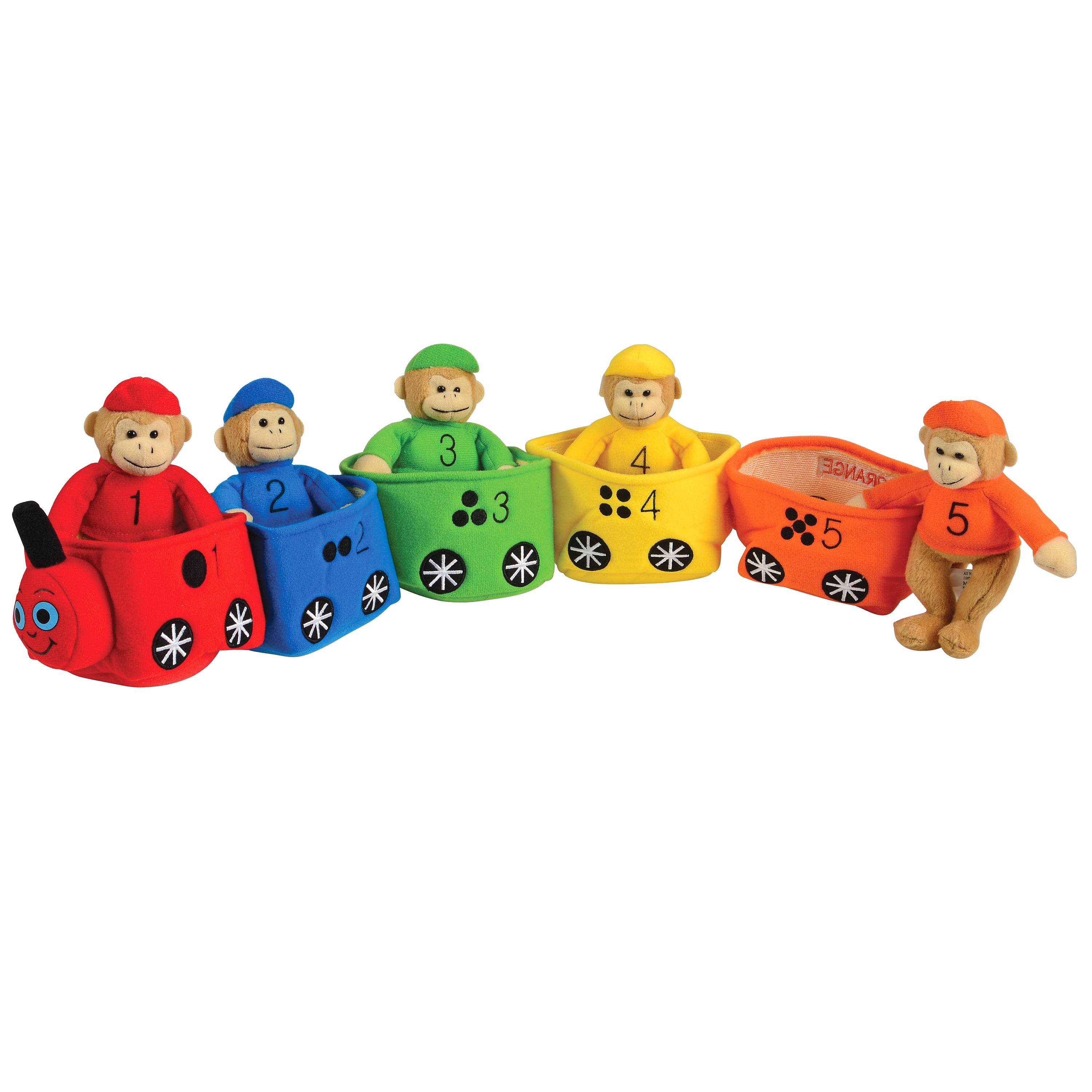 Set of colorful toy monkeys with numbered carts on a white background
