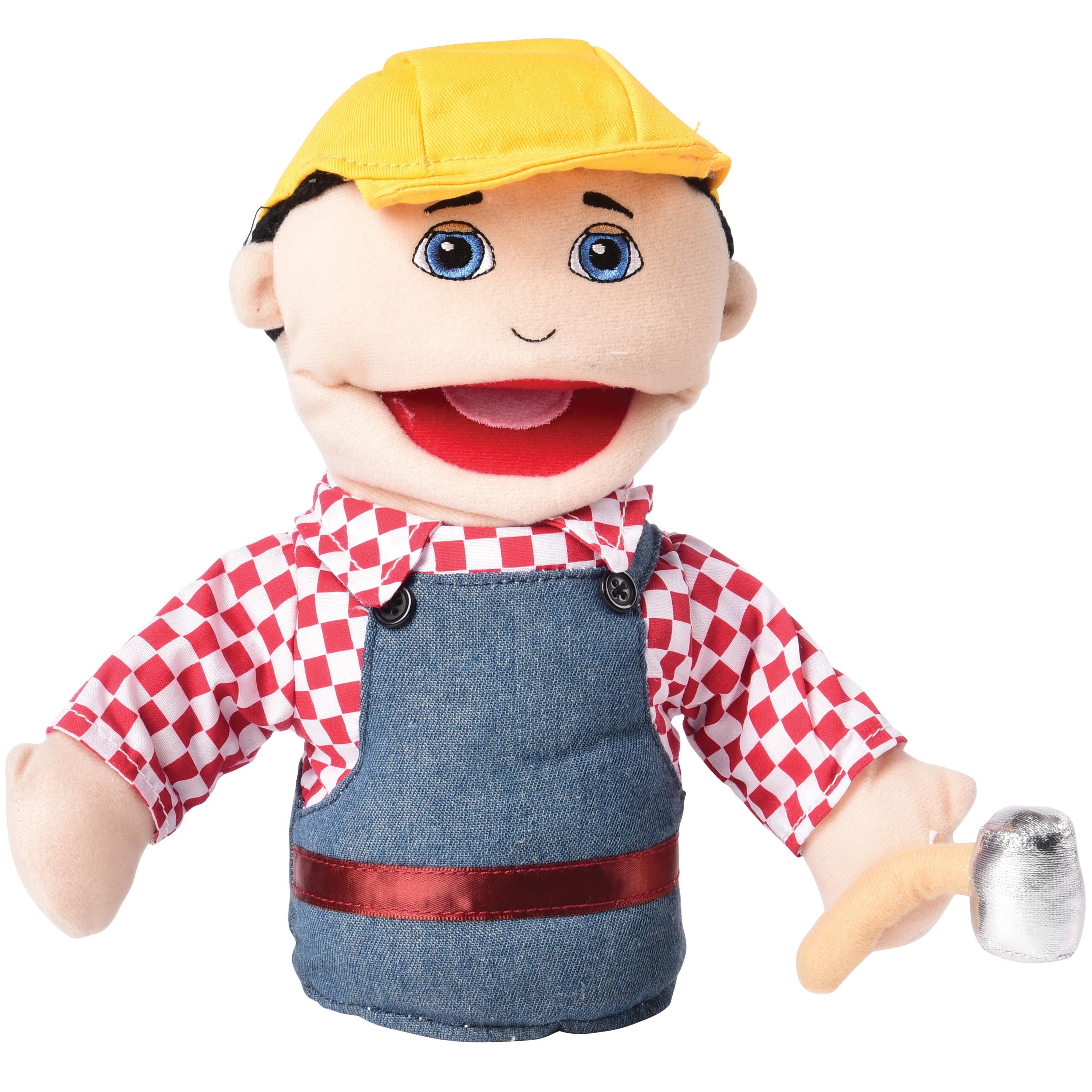 Toy puppet of a character wearing a yellow cap, red checkered shirt, and blue overalls on a white background.