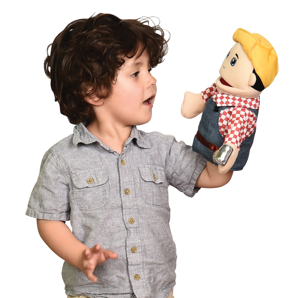 Kid with Construction Worker Hand Puppet