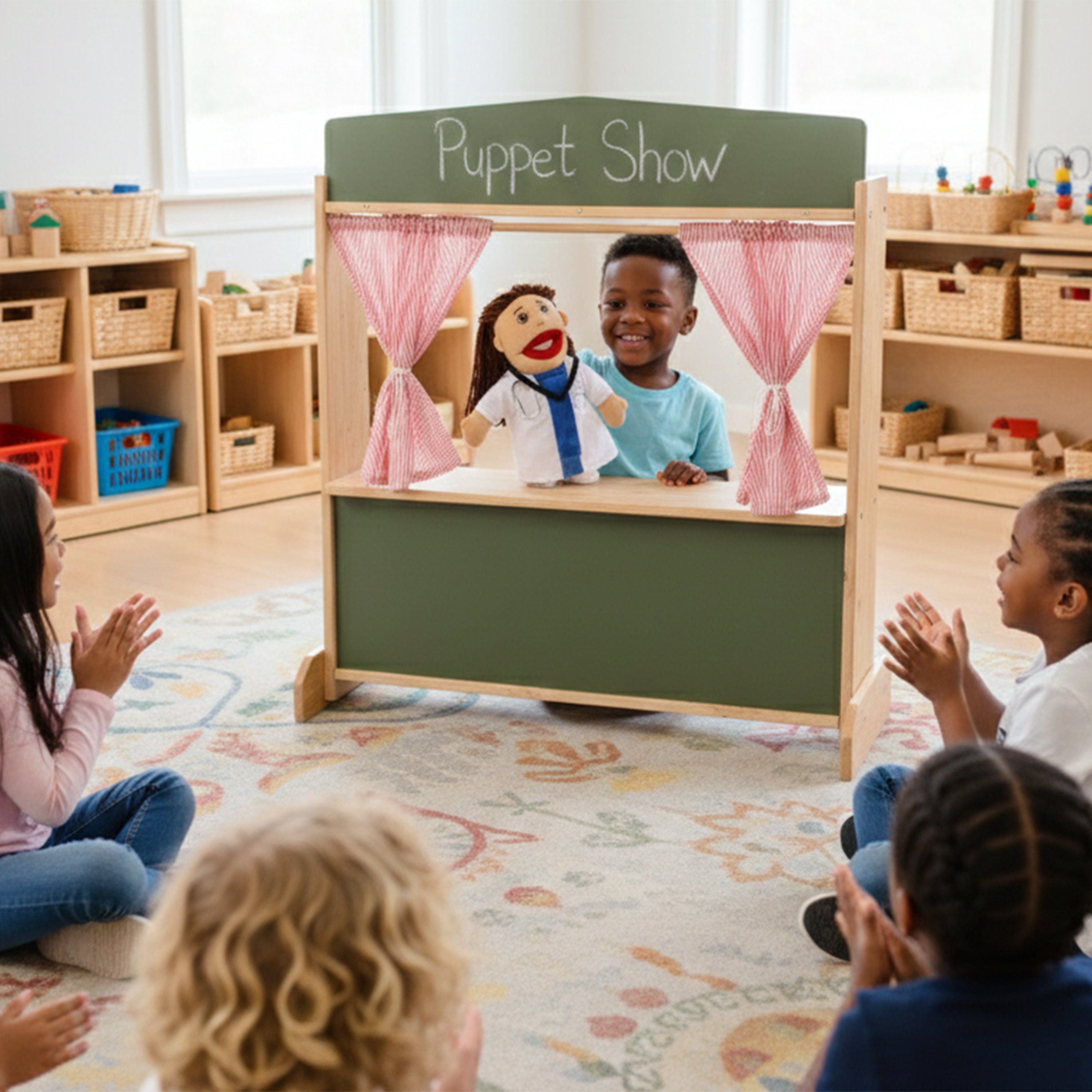 Wooden Puppet Stage with Candy-Stripe Curtains & Chalkboard
