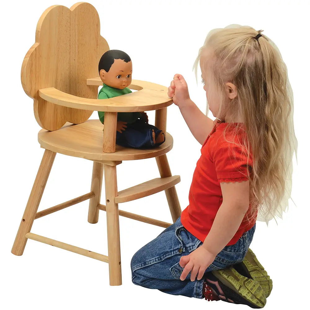 Doll Sitting in Hardwood Doll High Chair