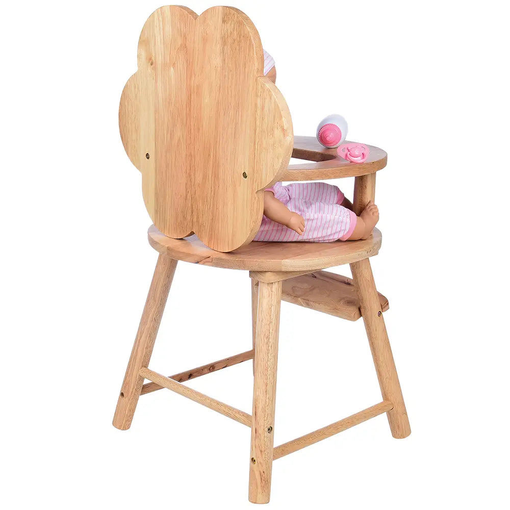 Back View of Hardwood Doll High Chair with Scalloped Back with Doll in Seat