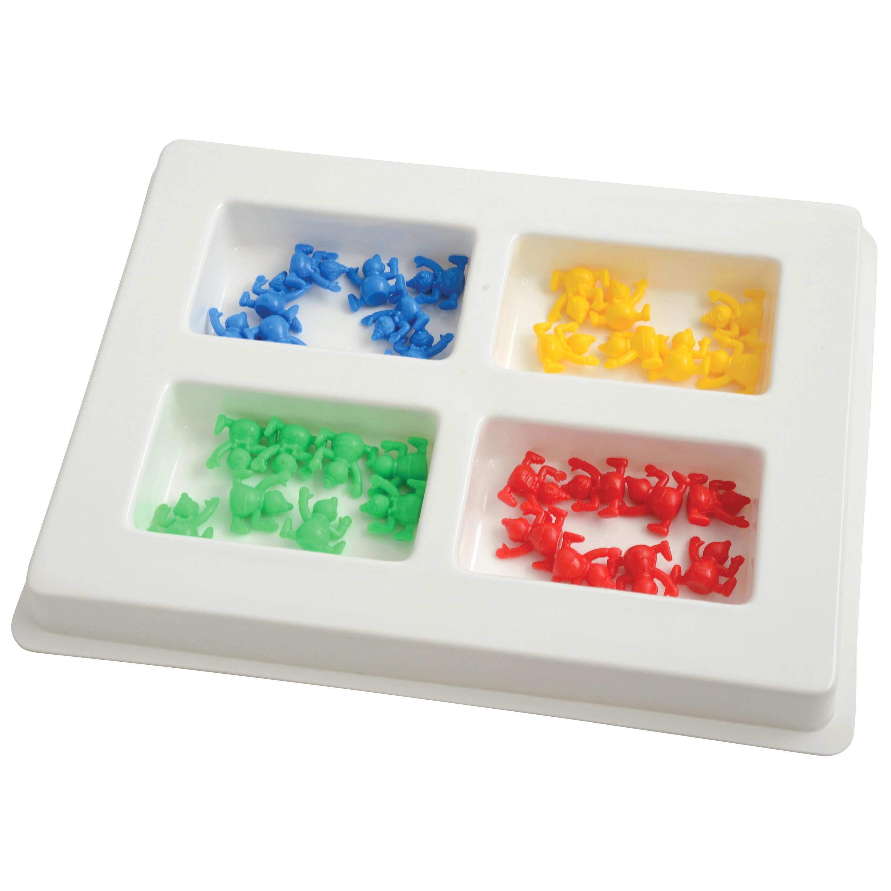 Colorful toy figures in a compartmentalized tray on a white background