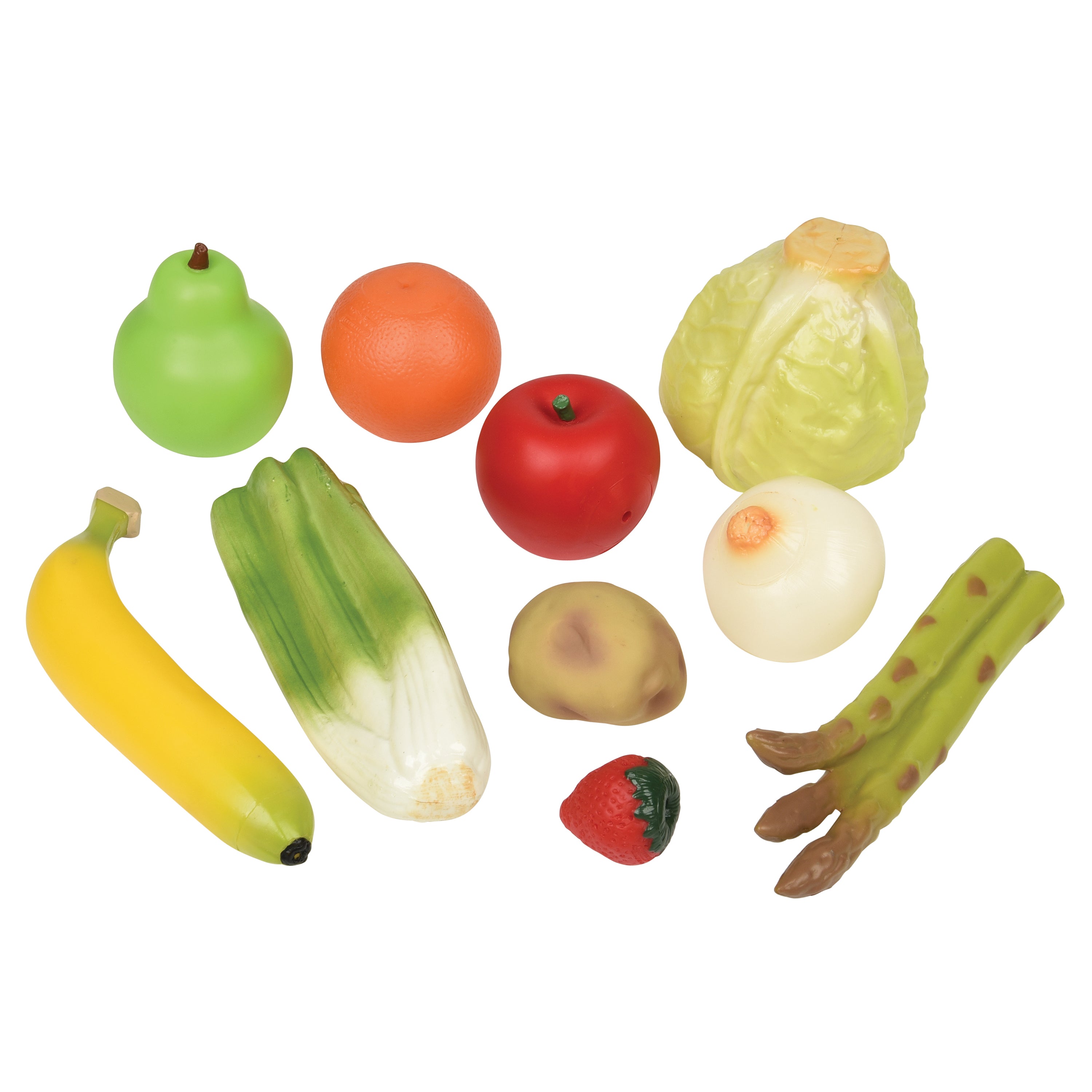 Collection of toy fruits and vegetables on a white background