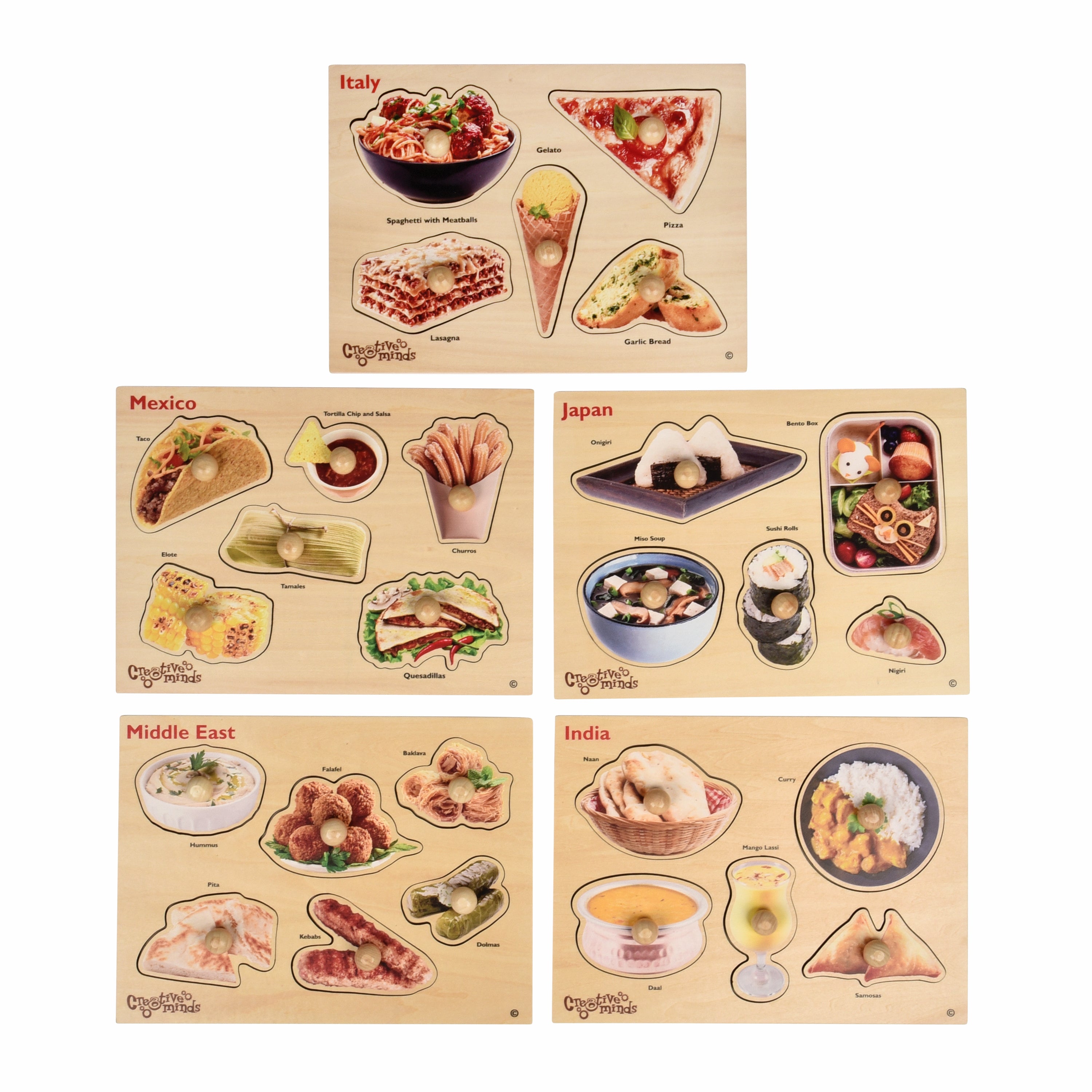 Set of educational puzzles featuring foods from different countries on a white background.