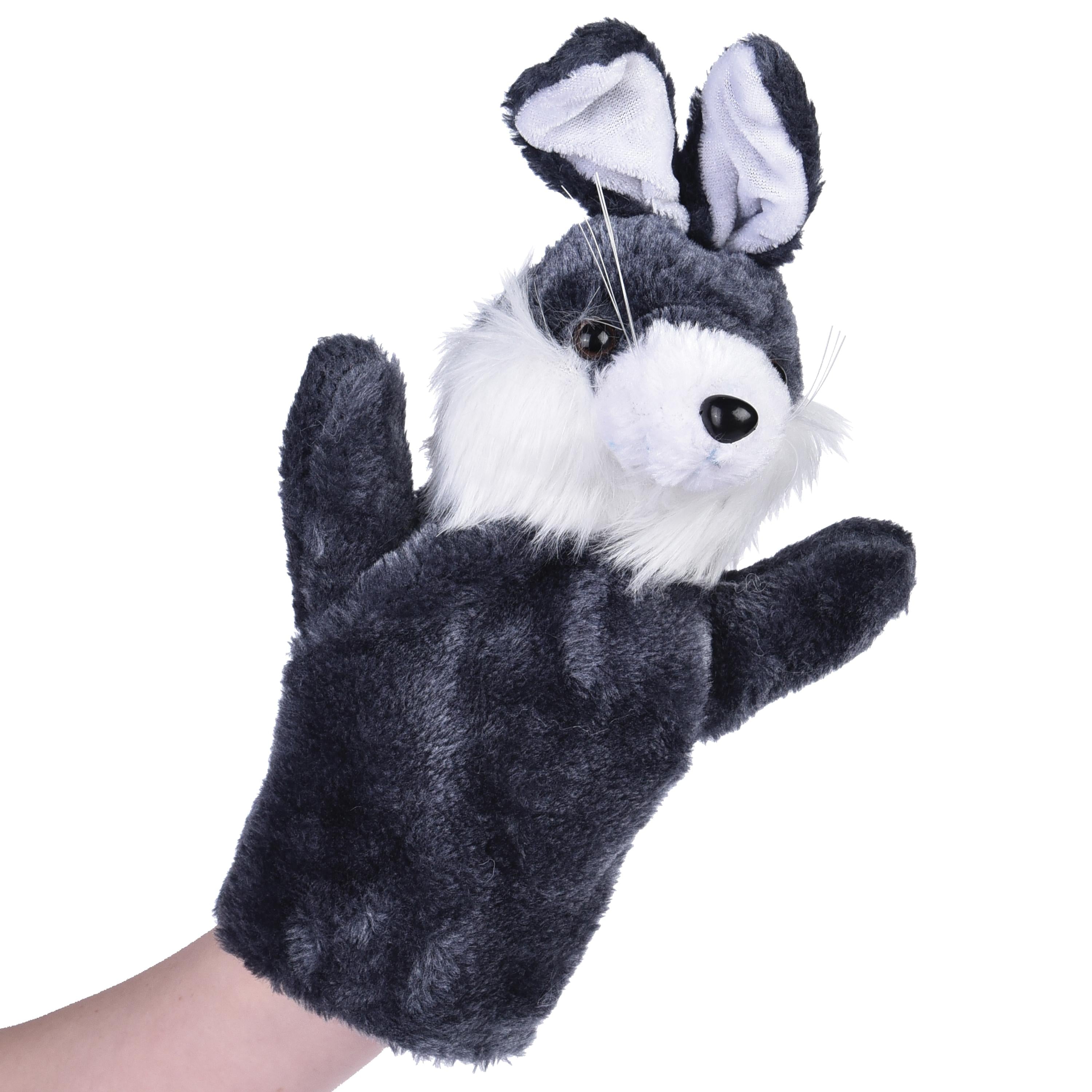Plush hand puppet of a gray and white animal with a white face and black eyes, held by a person's hand on a white background.