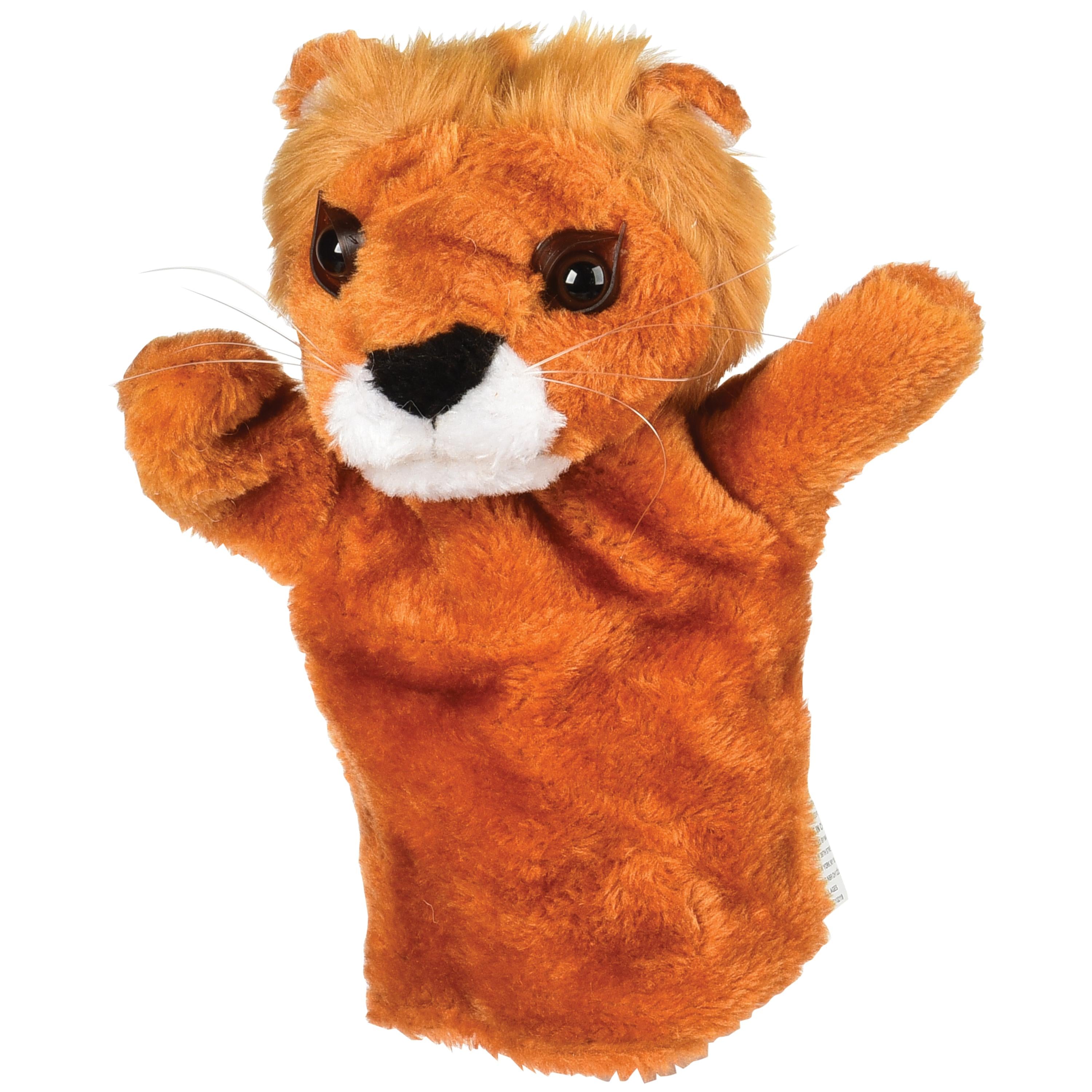 Plush lion hand puppet on a white background