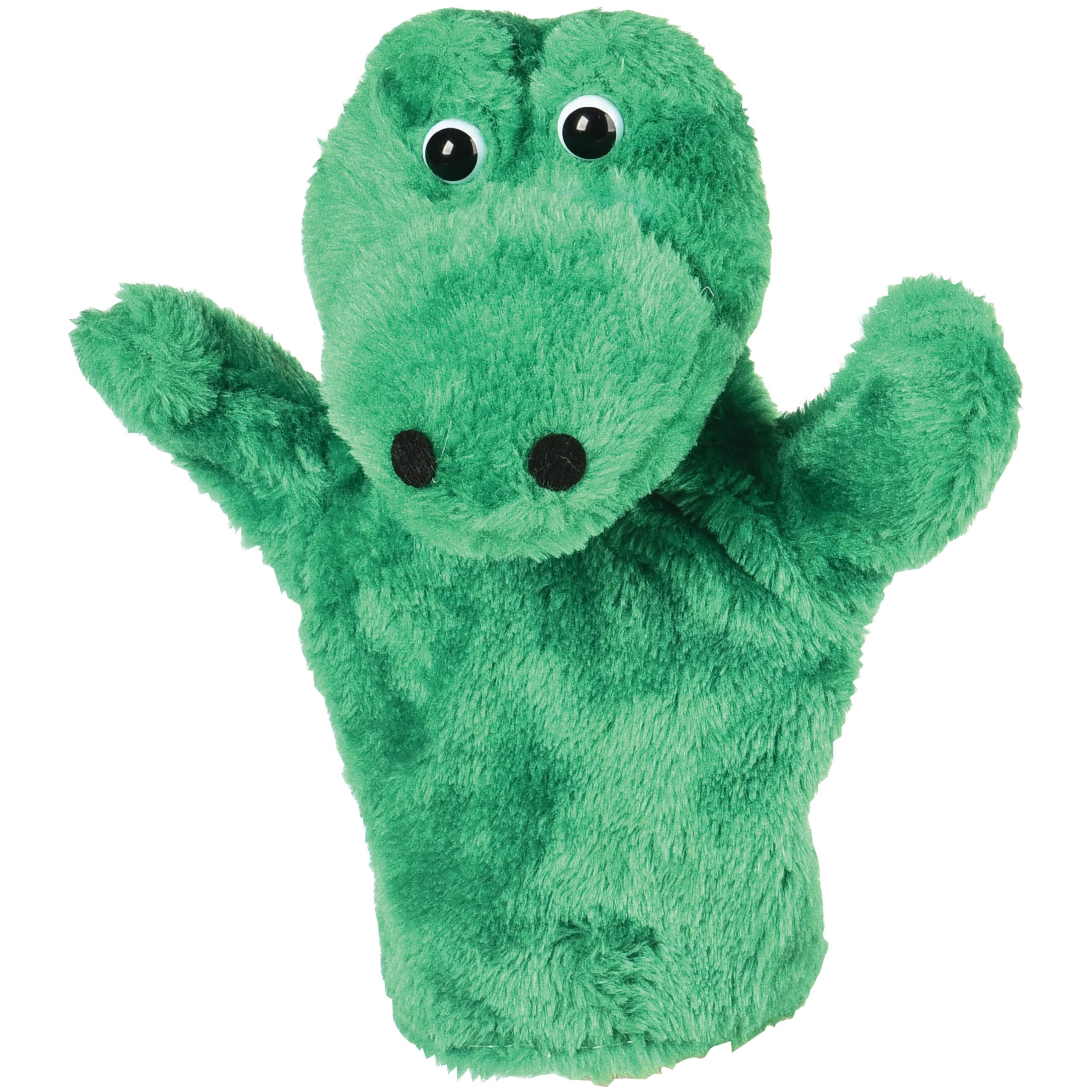 Green plush alligator hand puppet on a white background