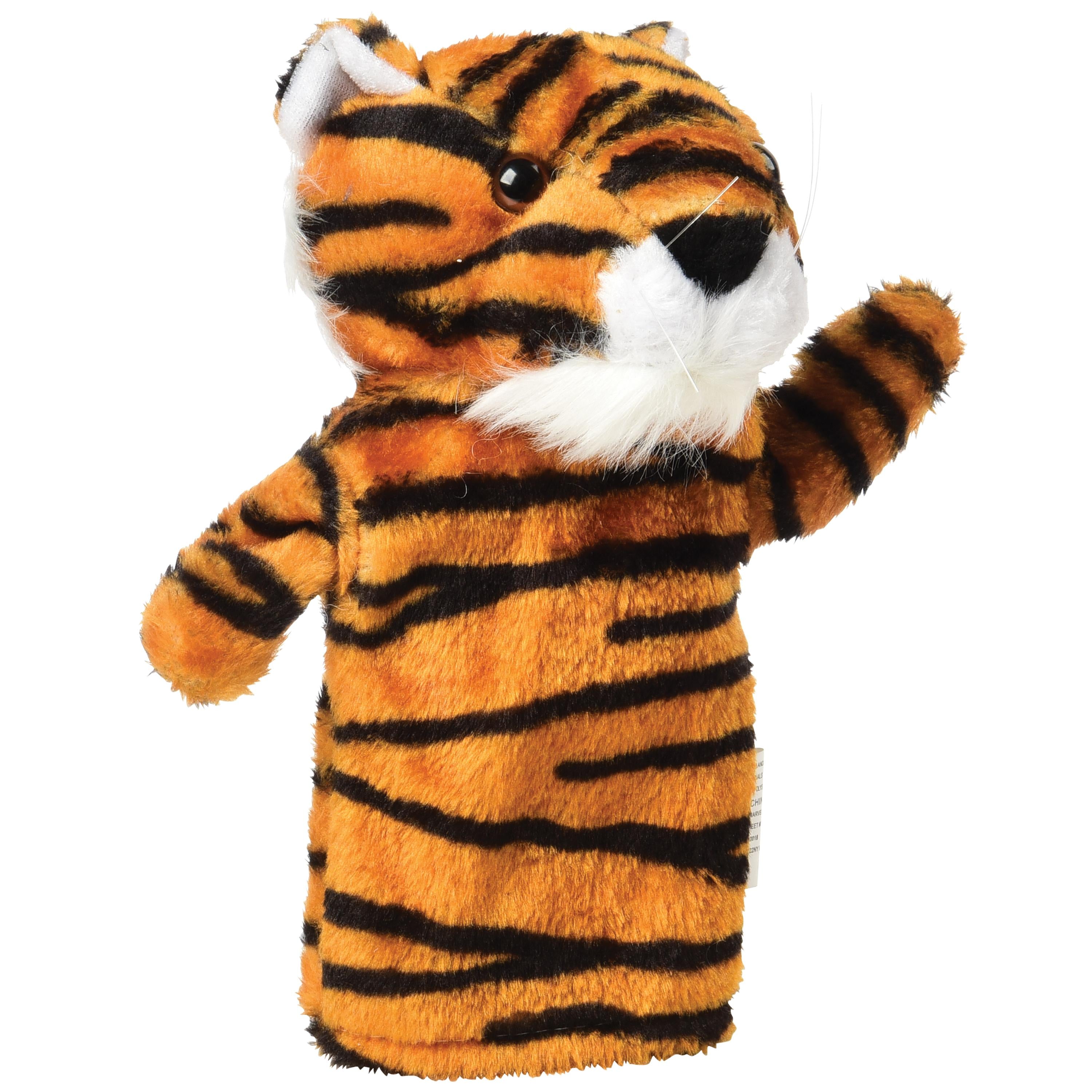 Plush tiger toy with orange and black stripes on a white background