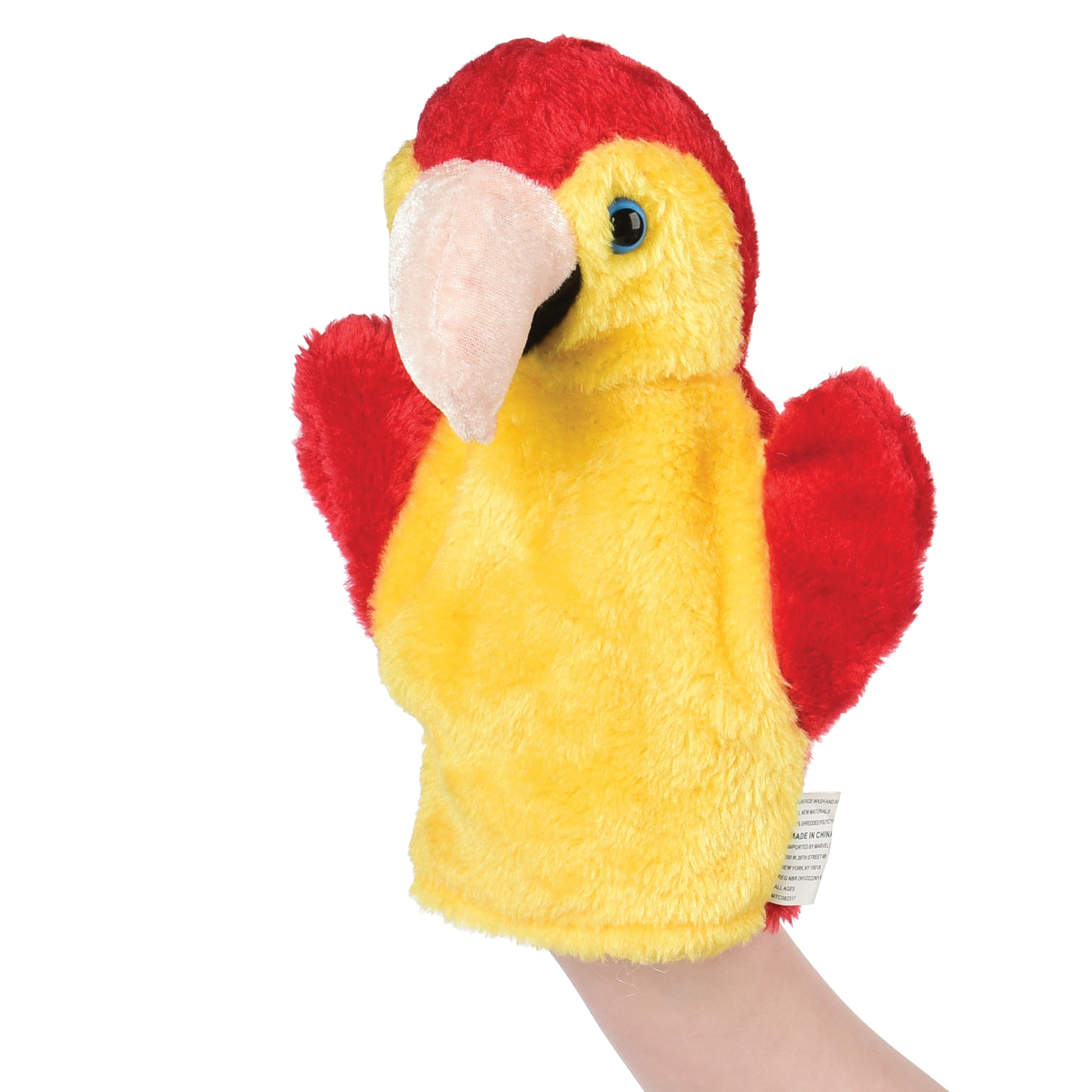 Plush parrot toy with red and yellow colors on a white background