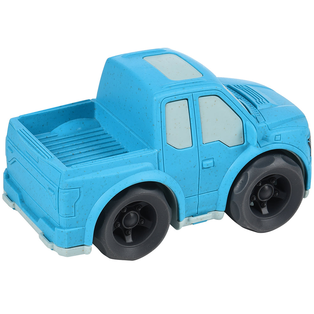 Back View of Eco-Friendly Wheat Straw Blue Pick-Up Truck Toy