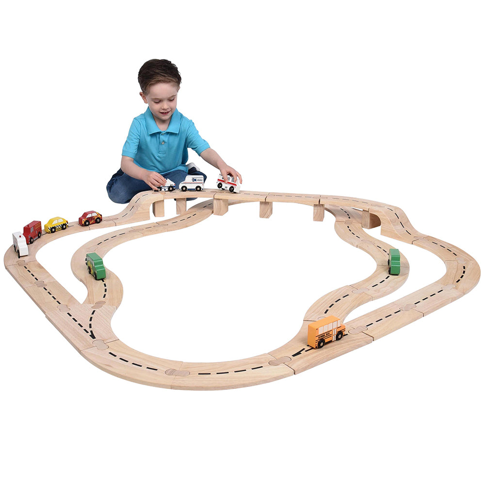 Large Wooden Car Track Set with Bridge